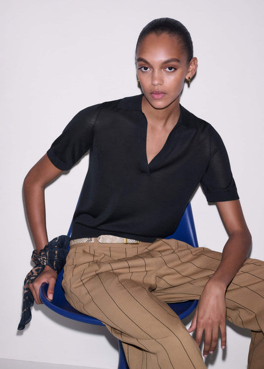 ME and EM Clothing Black Silk Slim Knit Polo Tee