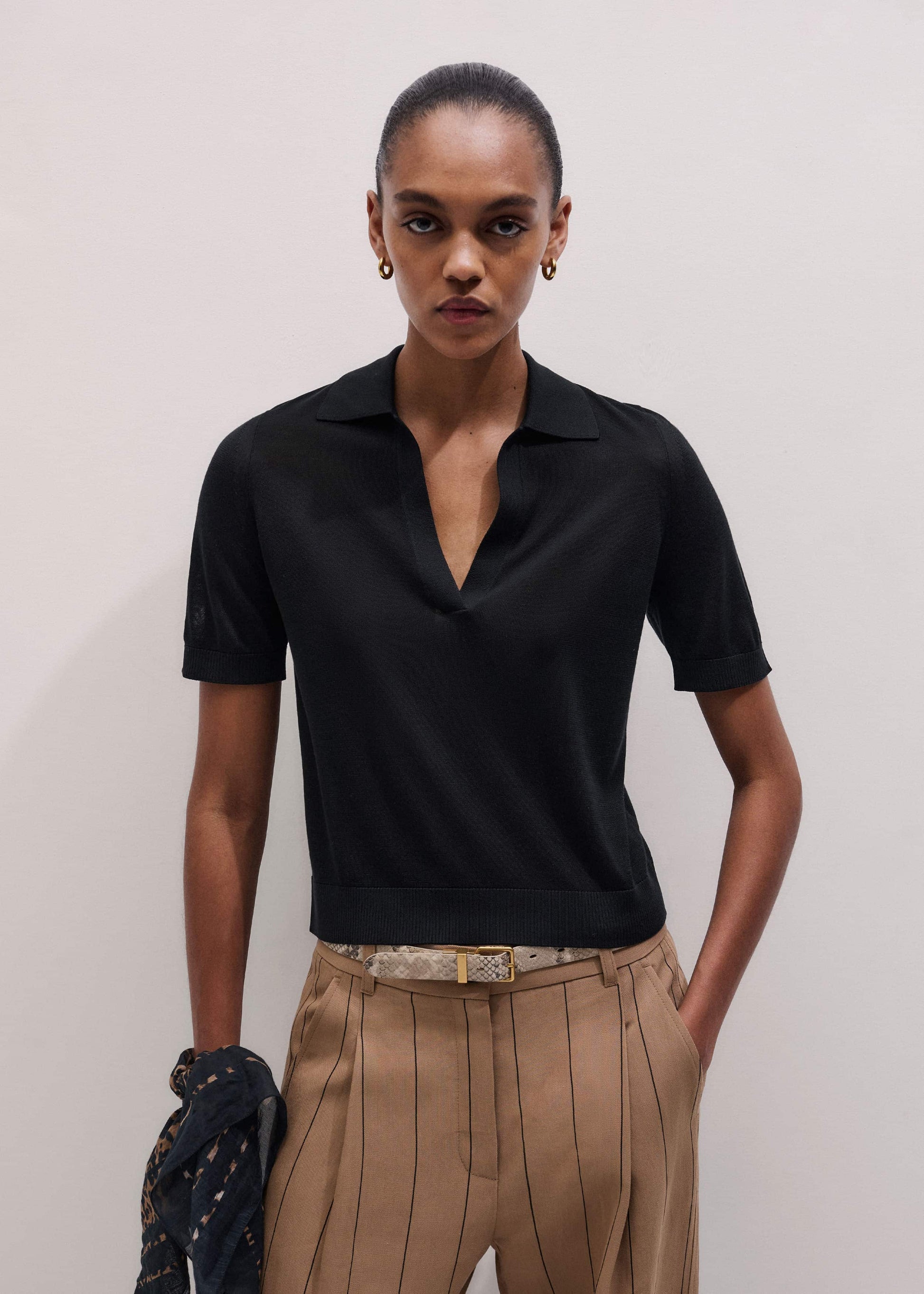 ME and EM Clothing Black Silk Slim Knit Polo Tee