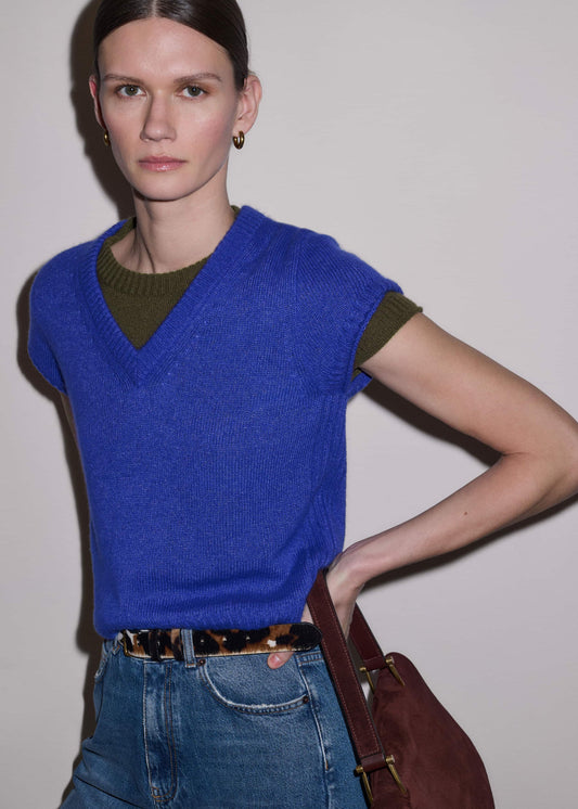 ME and EM Clothing Blue Merino Cashmere Silk V-Neck Baby Tee