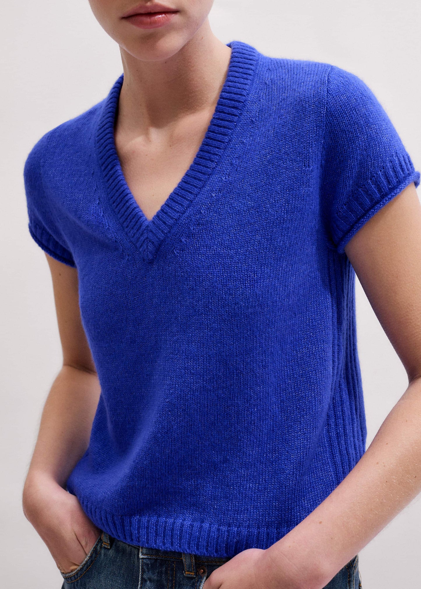 ME and EM Clothing Blue Merino Cashmere Silk V-Neck Baby Tee