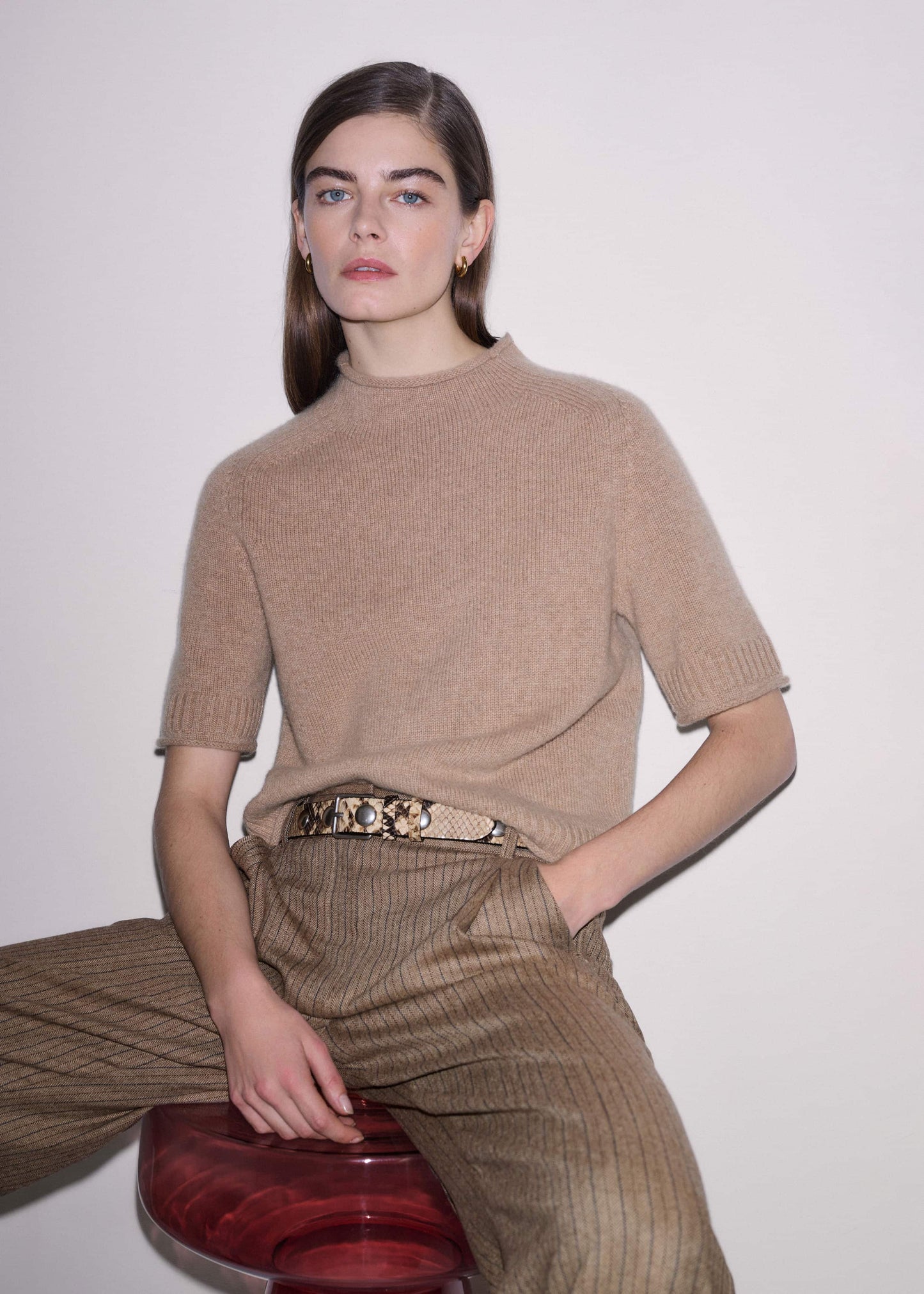 ME and EM Clothing Brown Cashmere Roll Trim Knit Tee