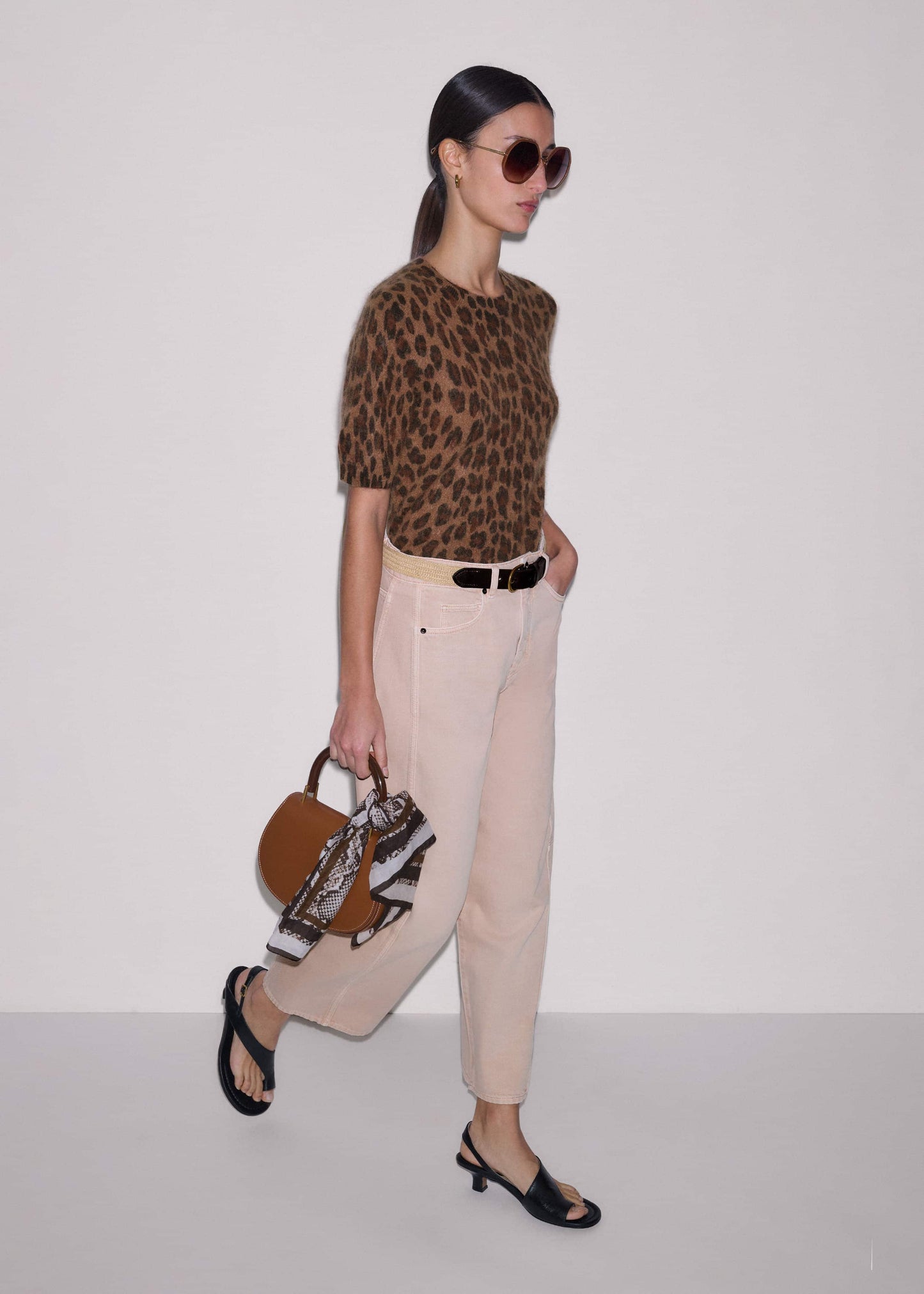 ME and EM Clothing Brown Merino Cashmere Leopard Print Straight Knit Tee