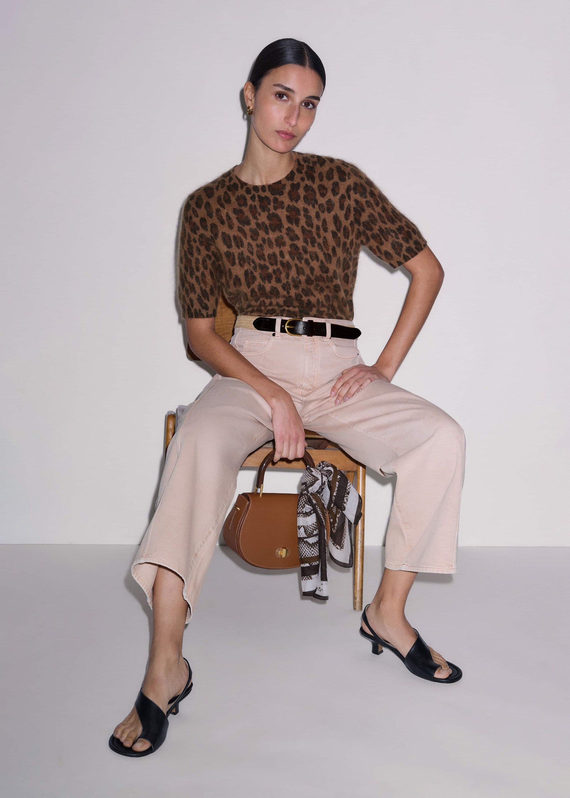 ME and EM Clothing Brown Merino Cashmere Leopard Print Straight Knit Tee