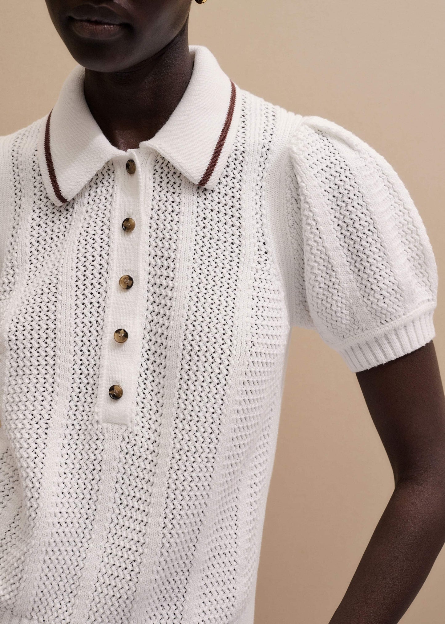 ME and EM Clothing Cream Pointelle Pouf Sleeve Sporty Smart Polo Top
