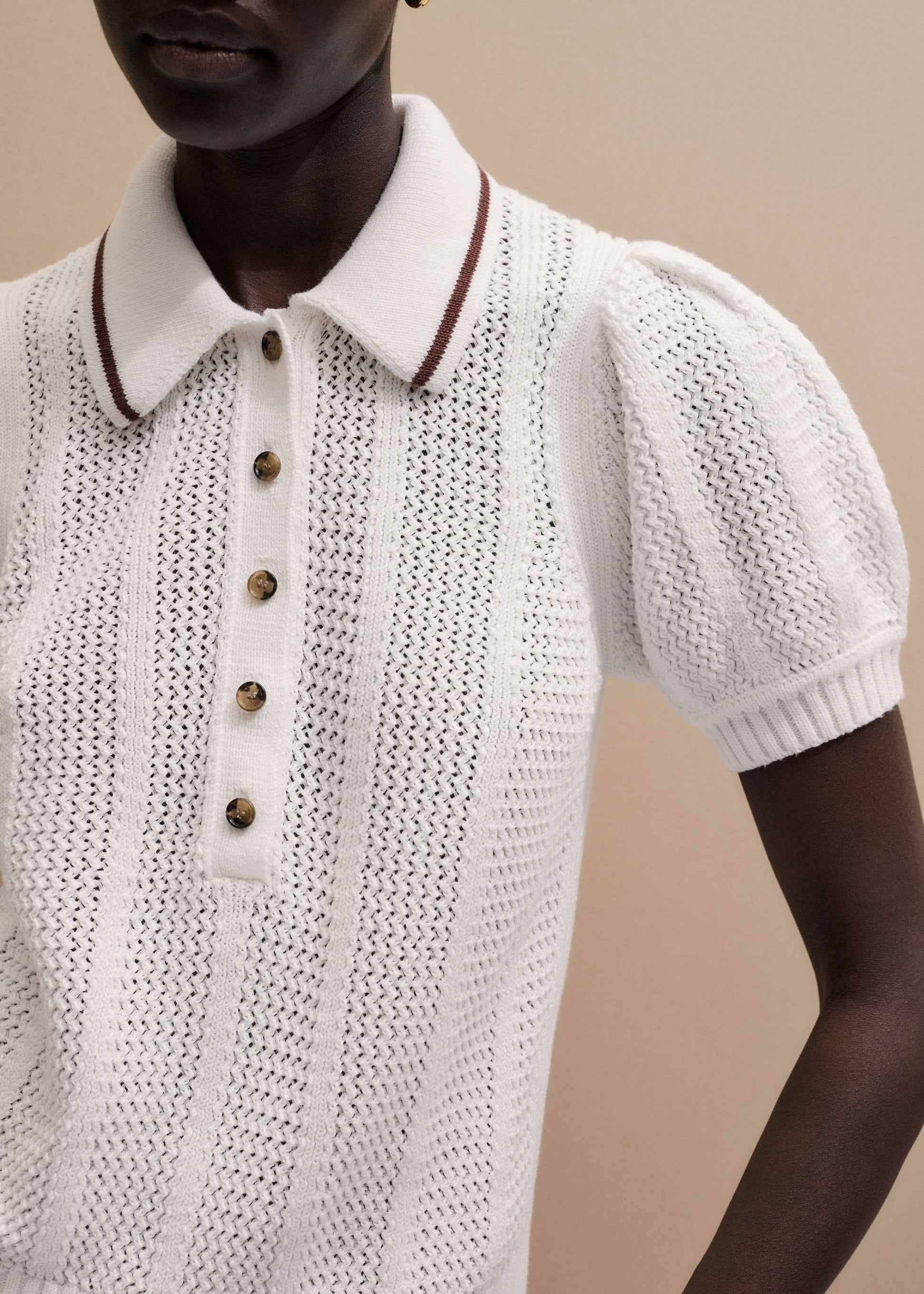 ME and EM Clothing Cream Pointelle Pouf Sleeve Sporty Smart Polo Top