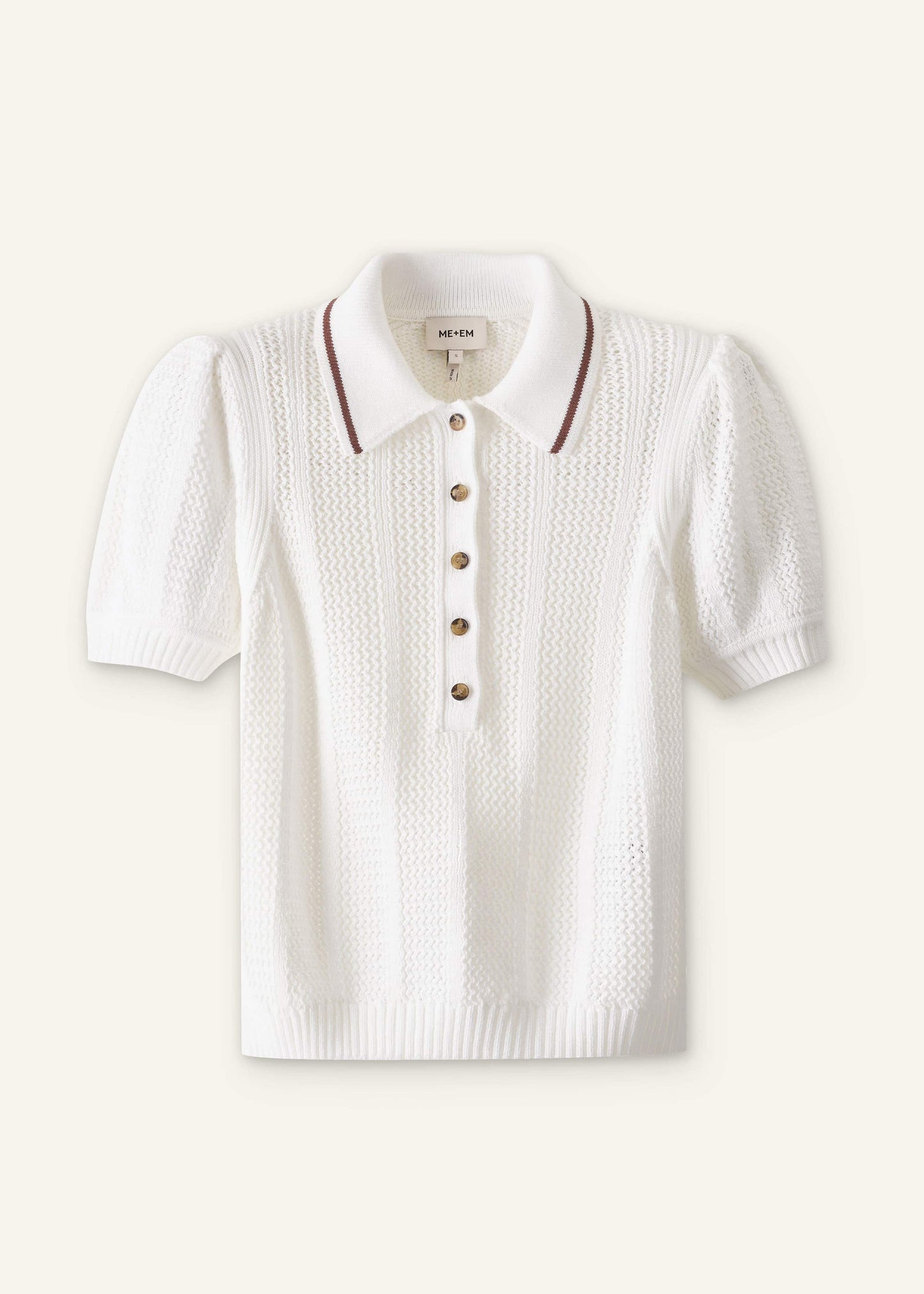 ME and EM Clothing Cream Pointelle Pouf Sleeve Sporty Smart Polo Top