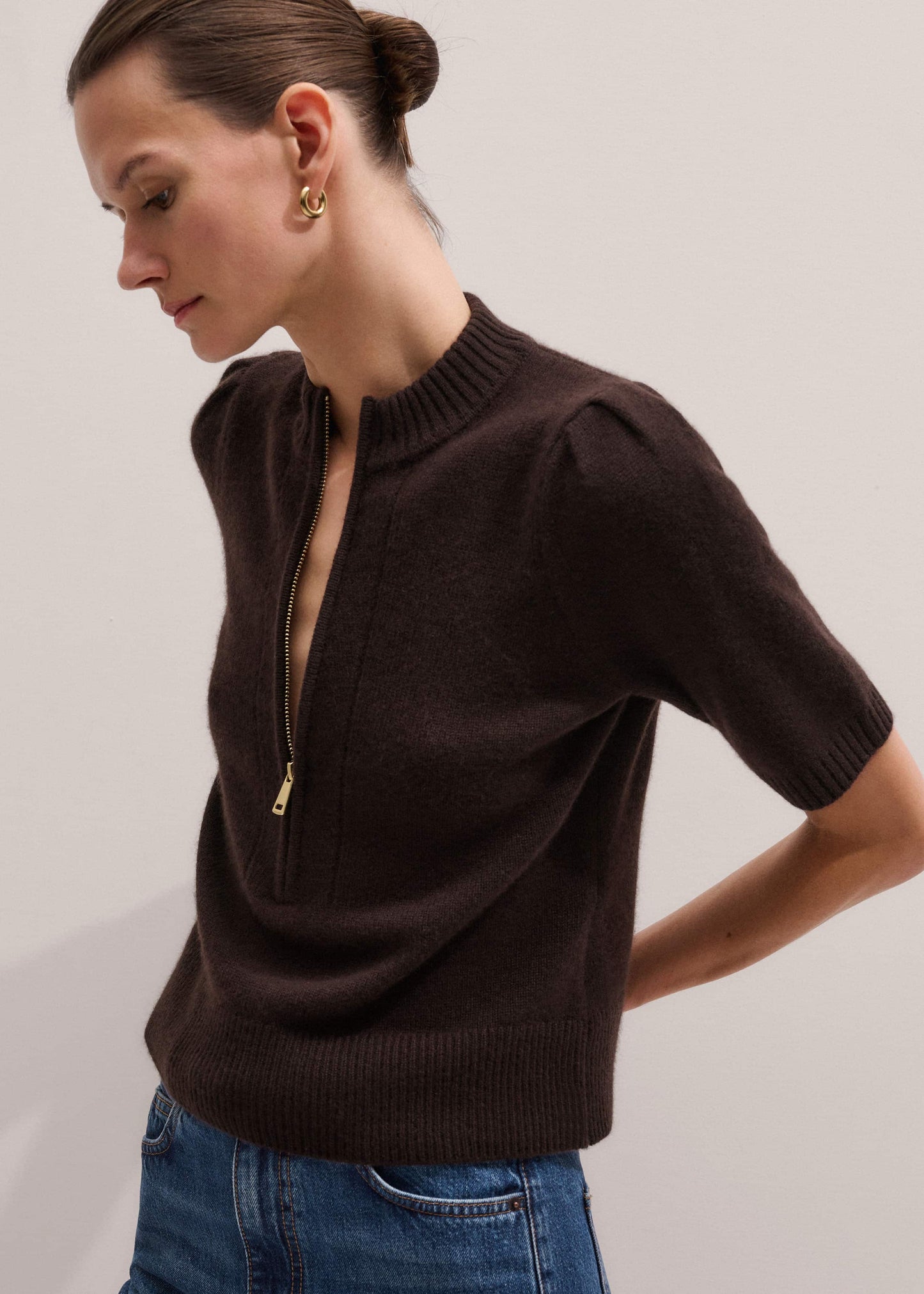 ME and EM Clothing Brown Cashmere Zip Neck Pouf Sleeve Knit Tee