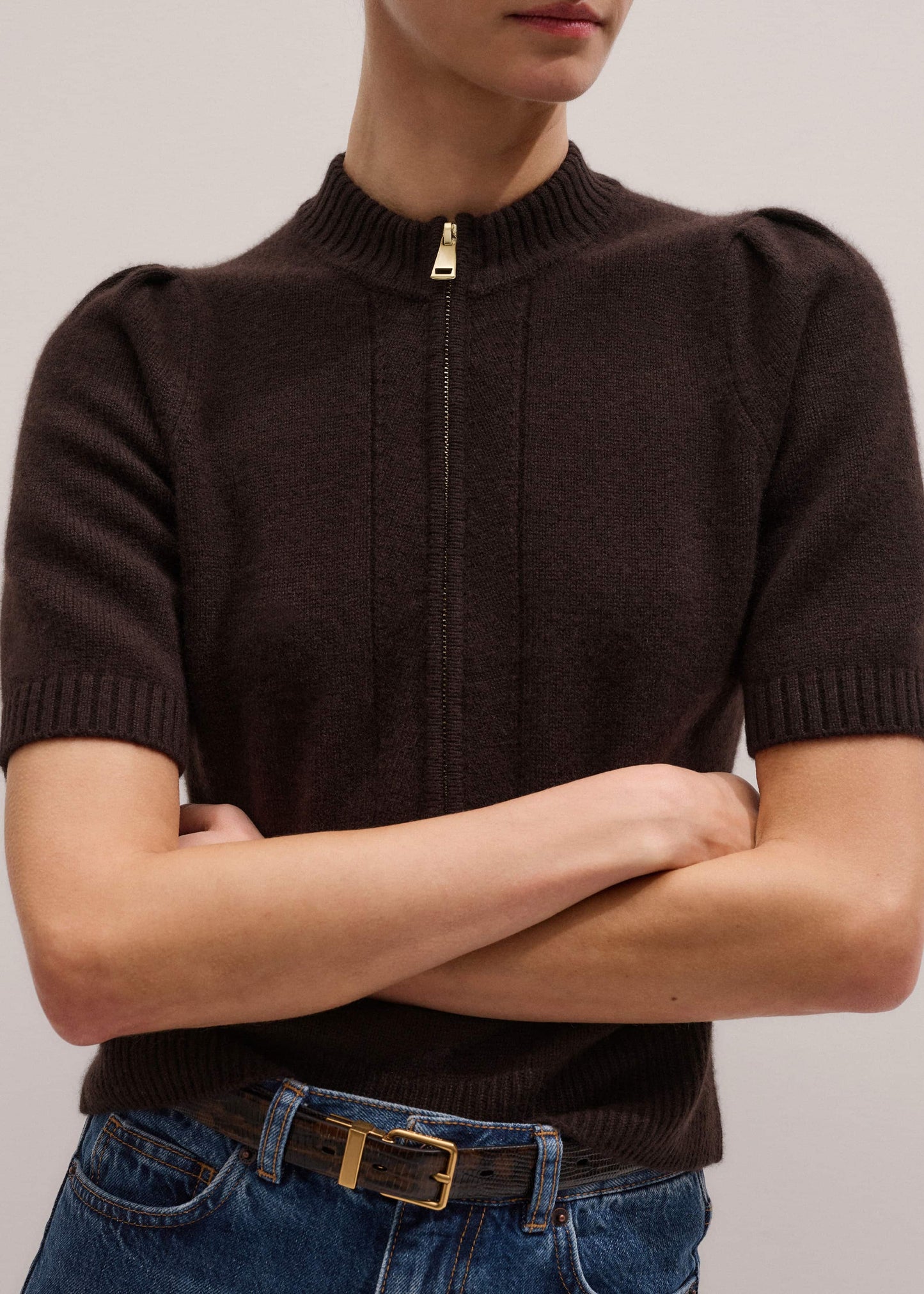 ME and EM Clothing Brown Cashmere Zip Neck Pouf Sleeve Knit Tee