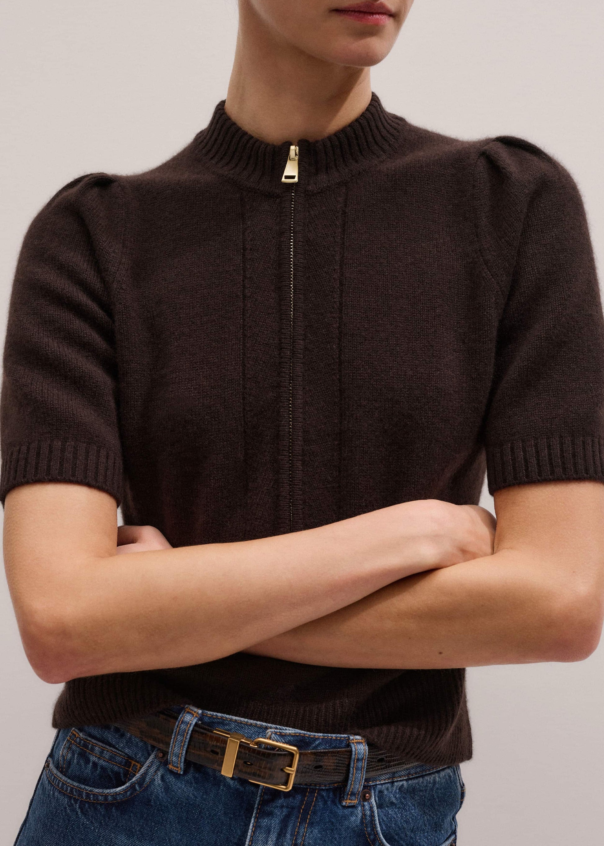 ME and EM Clothing Brown Cashmere Zip Neck Pouf Sleeve Knit Tee