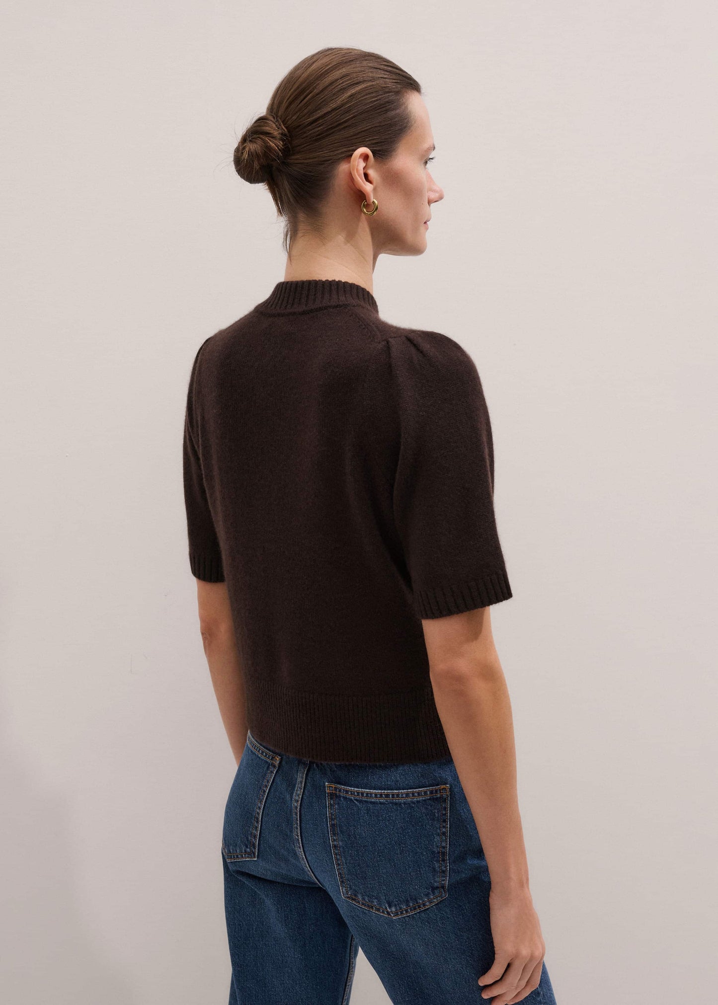 ME and EM Clothing Brown Cashmere Zip Neck Pouf Sleeve Knit Tee