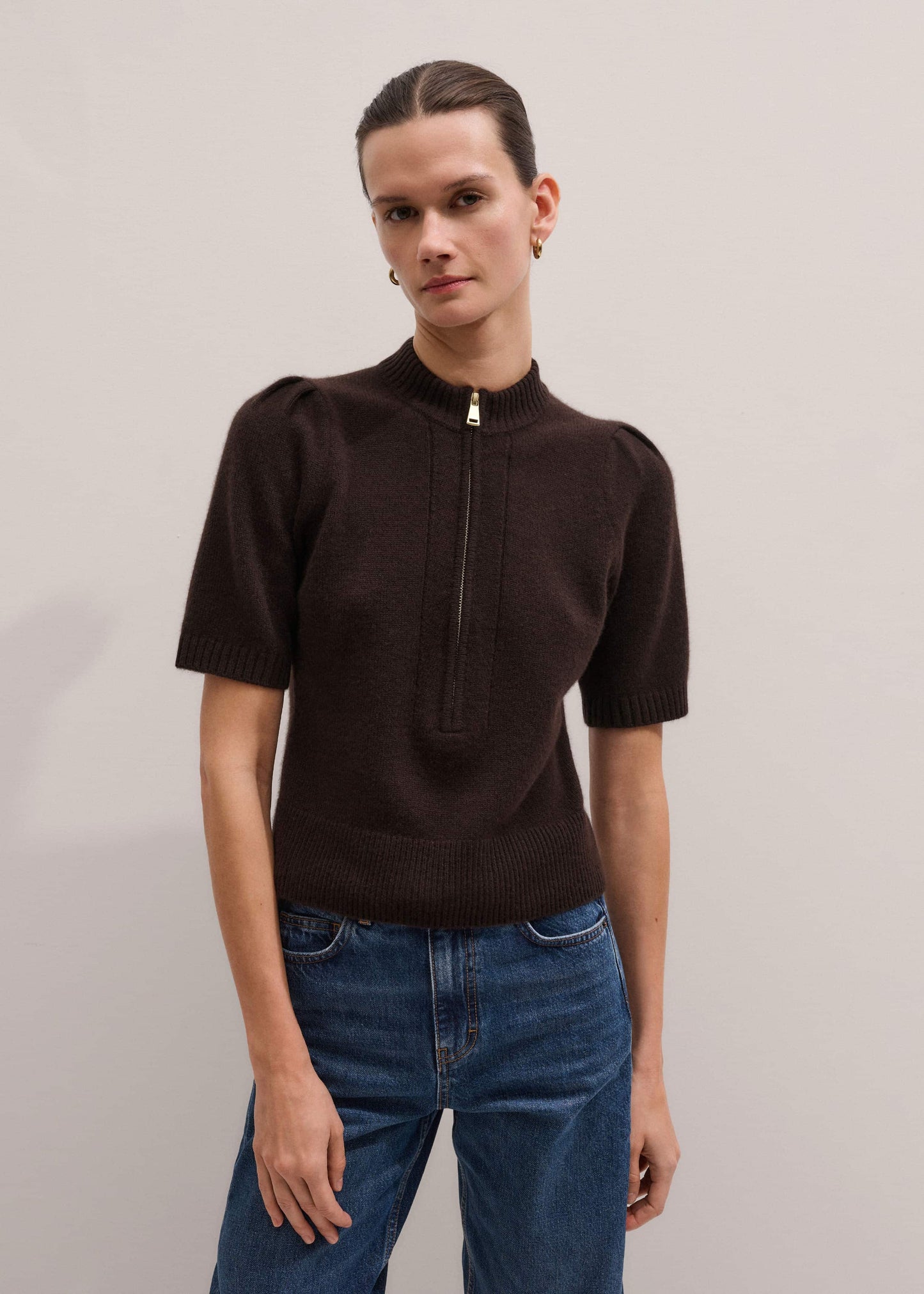ME and EM Clothing Brown Cashmere Zip Neck Pouf Sleeve Knit Tee