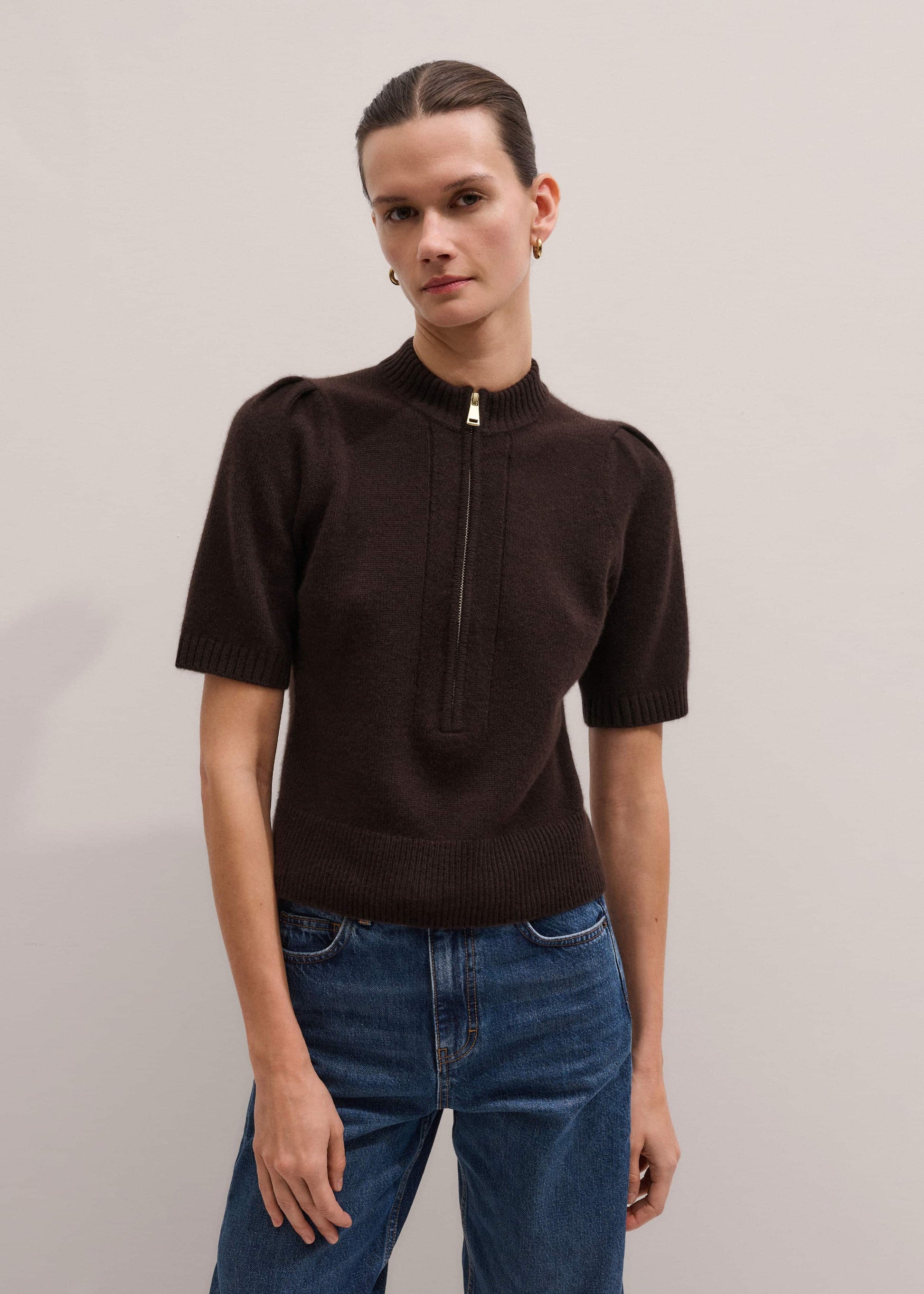 ME and EM Clothing Brown Cashmere Zip Neck Pouf Sleeve Knit Tee