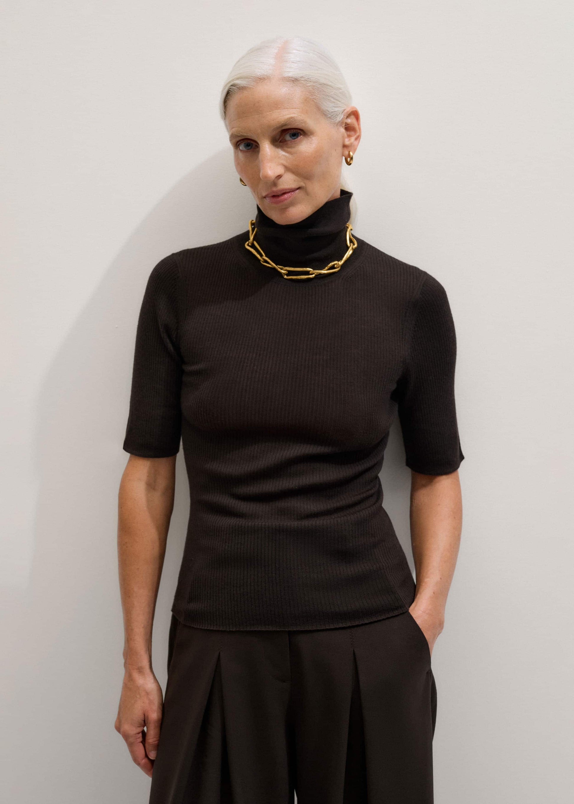 ME and EM Clothing Brown Superfine Ribbed Roll Neck Tee