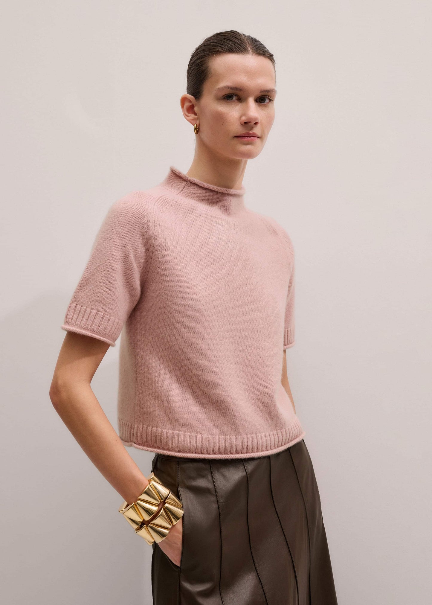 ME and EM Clothing Pink Cashmere Roll Trim Knit Tee