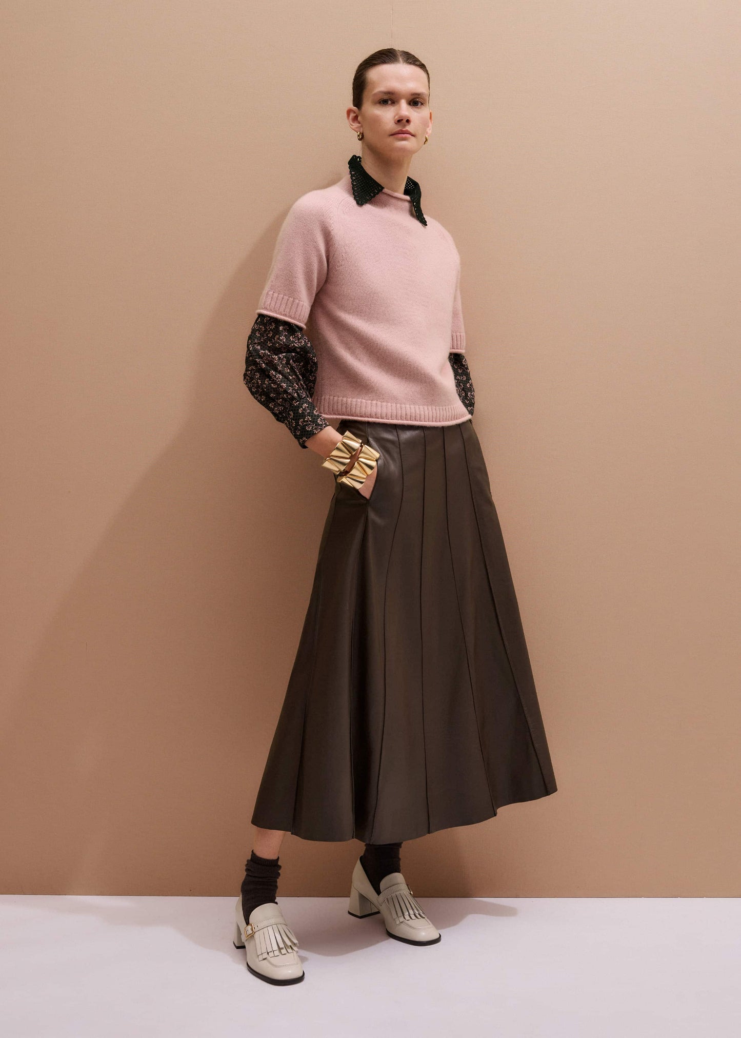 ME and EM Clothing Pink Cashmere Roll Trim Knit Tee