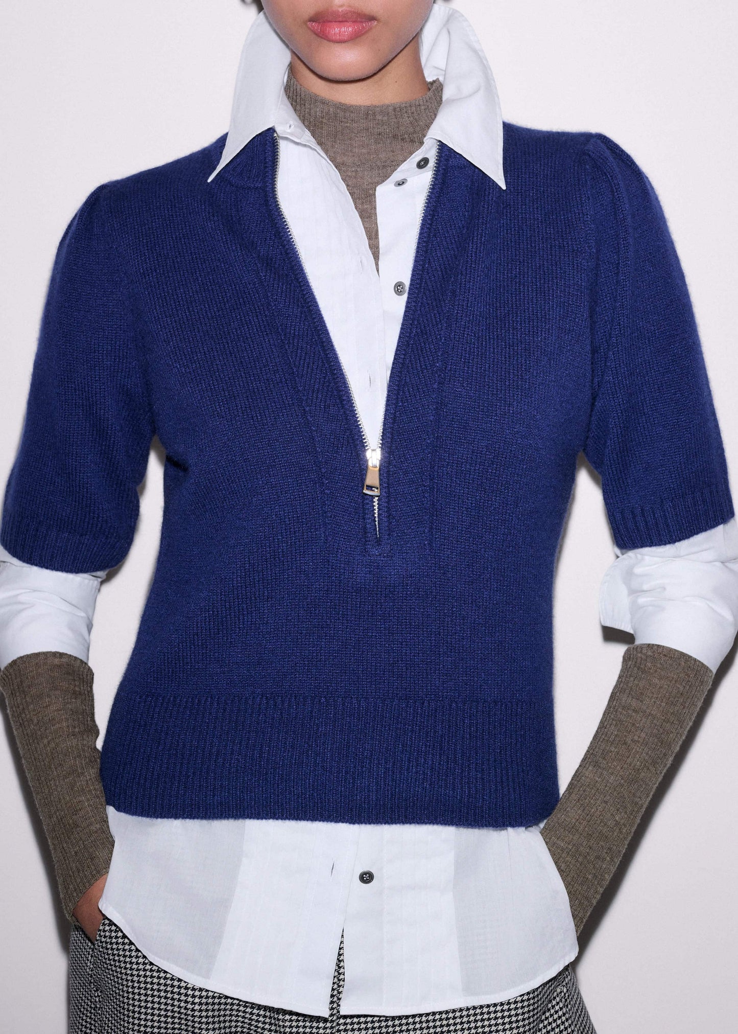 ME and EM Clothing Blue Cashmere Zip Neck Pouf Sleeve Knit Tee