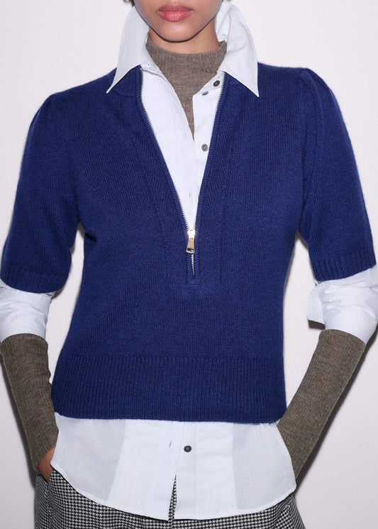 ME and EM Clothing Blue Cashmere Zip Neck Pouf Sleeve Knit Tee