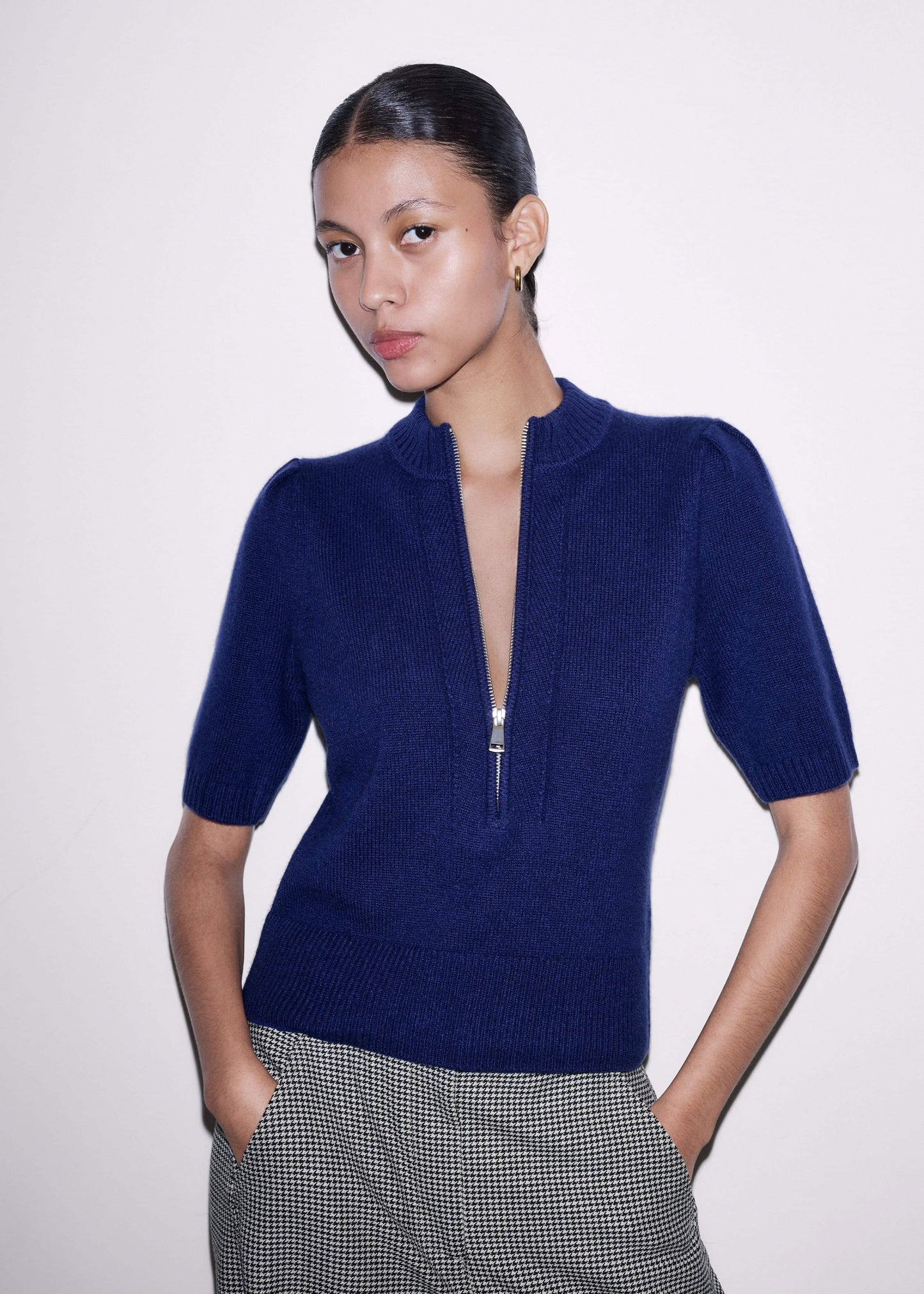 ME and EM Clothing Blue Cashmere Zip Neck Pouf Sleeve Knit Tee