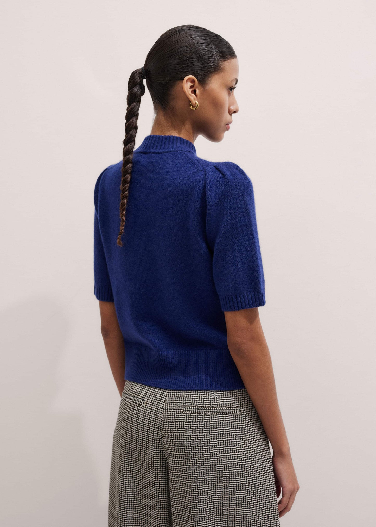 ME and EM Clothing Blue Cashmere Zip Neck Pouf Sleeve Knit Tee