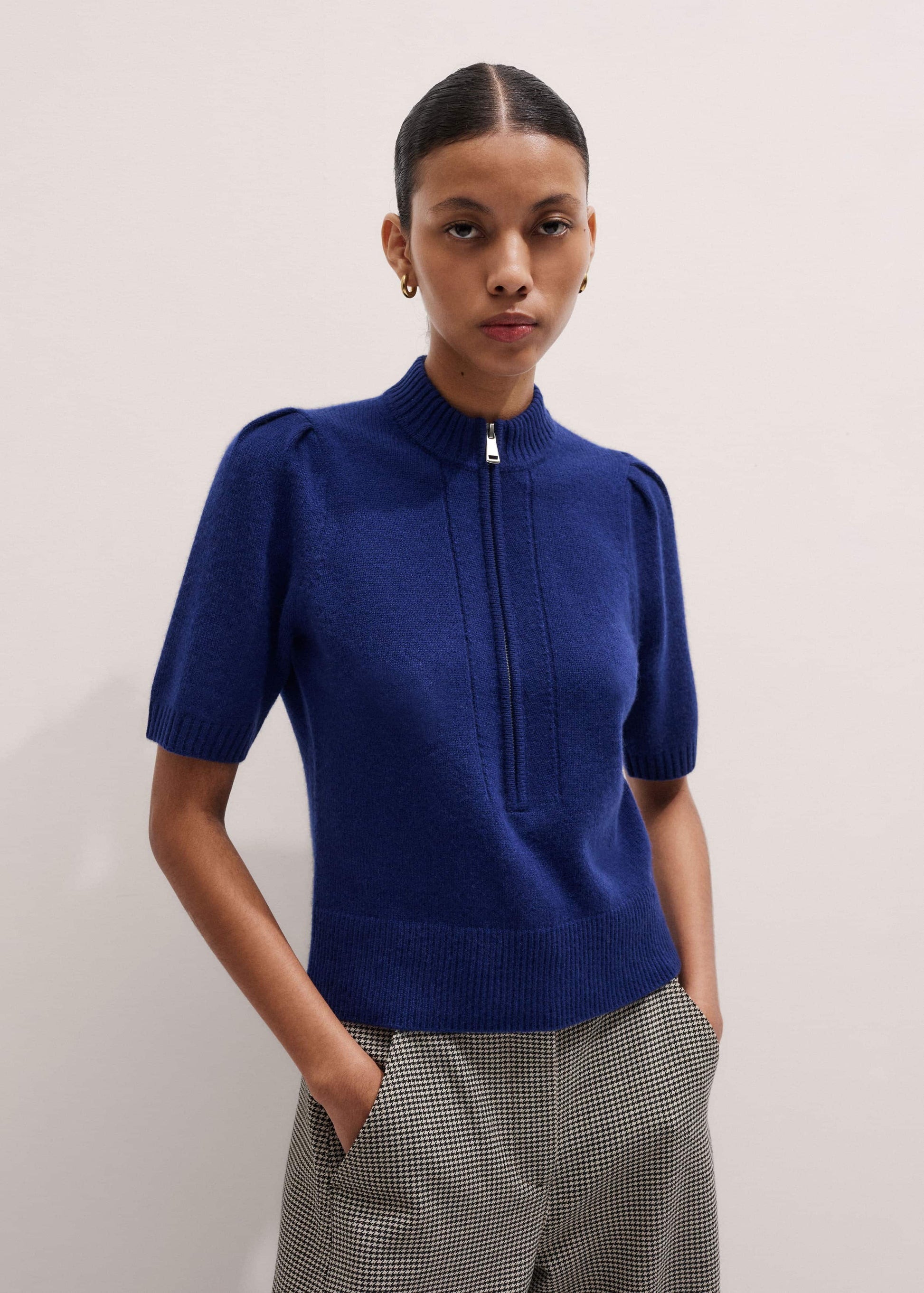 ME and EM Clothing Blue Cashmere Zip Neck Pouf Sleeve Knit Tee