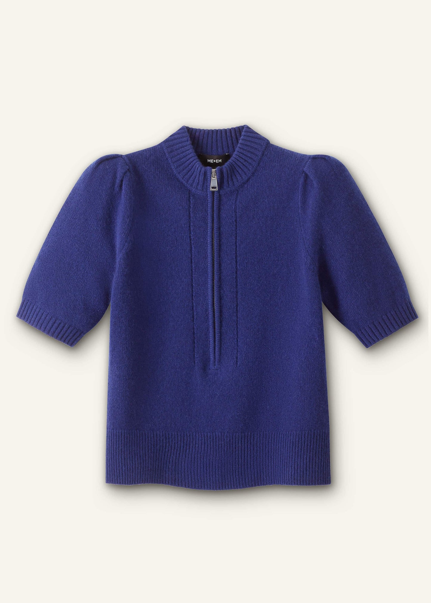 ME and EM Clothing Blue Cashmere Zip Neck Pouf Sleeve Knit Tee