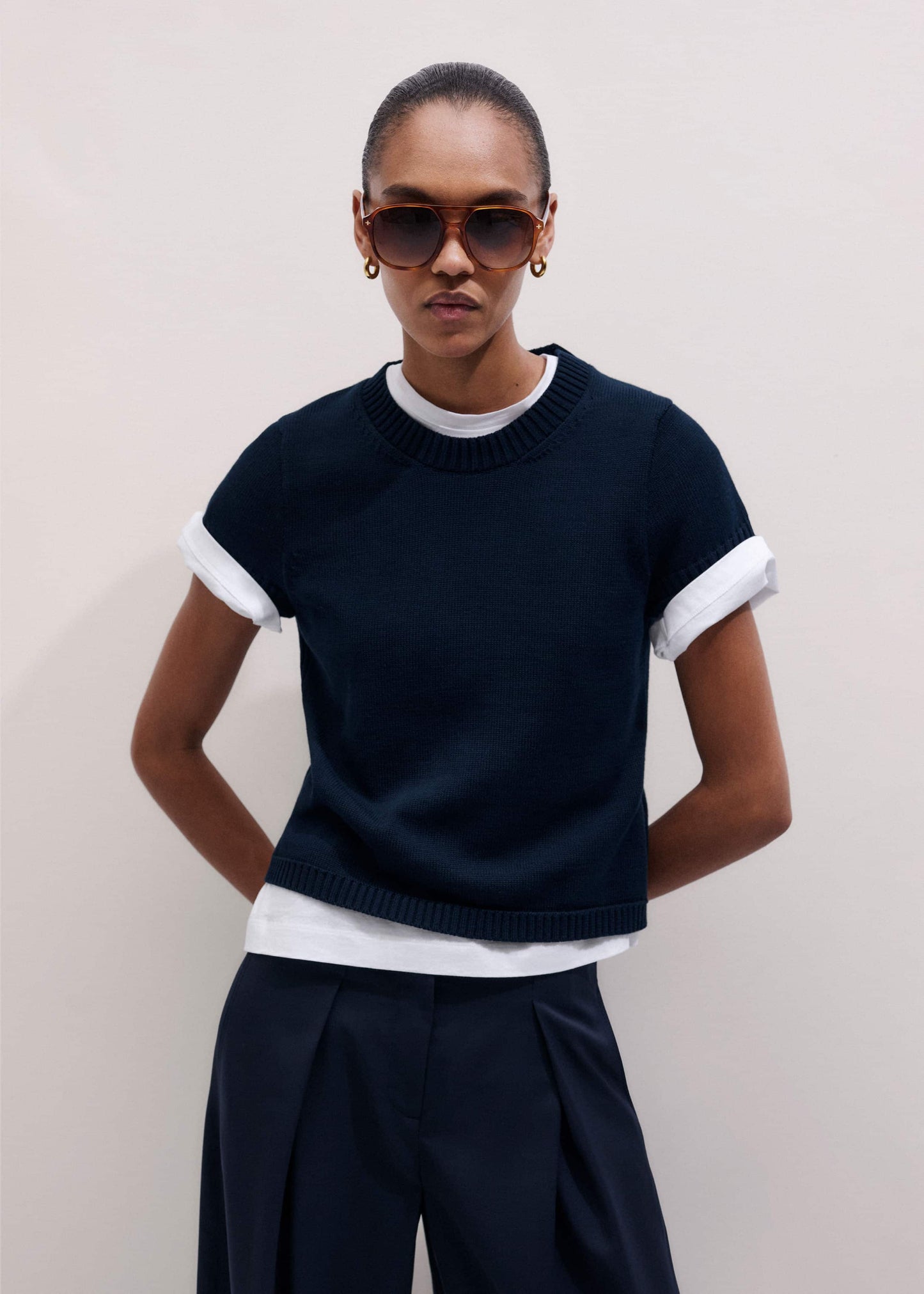 ME and EM Clothing Navy Shrunken Straight Knit Baby Tee