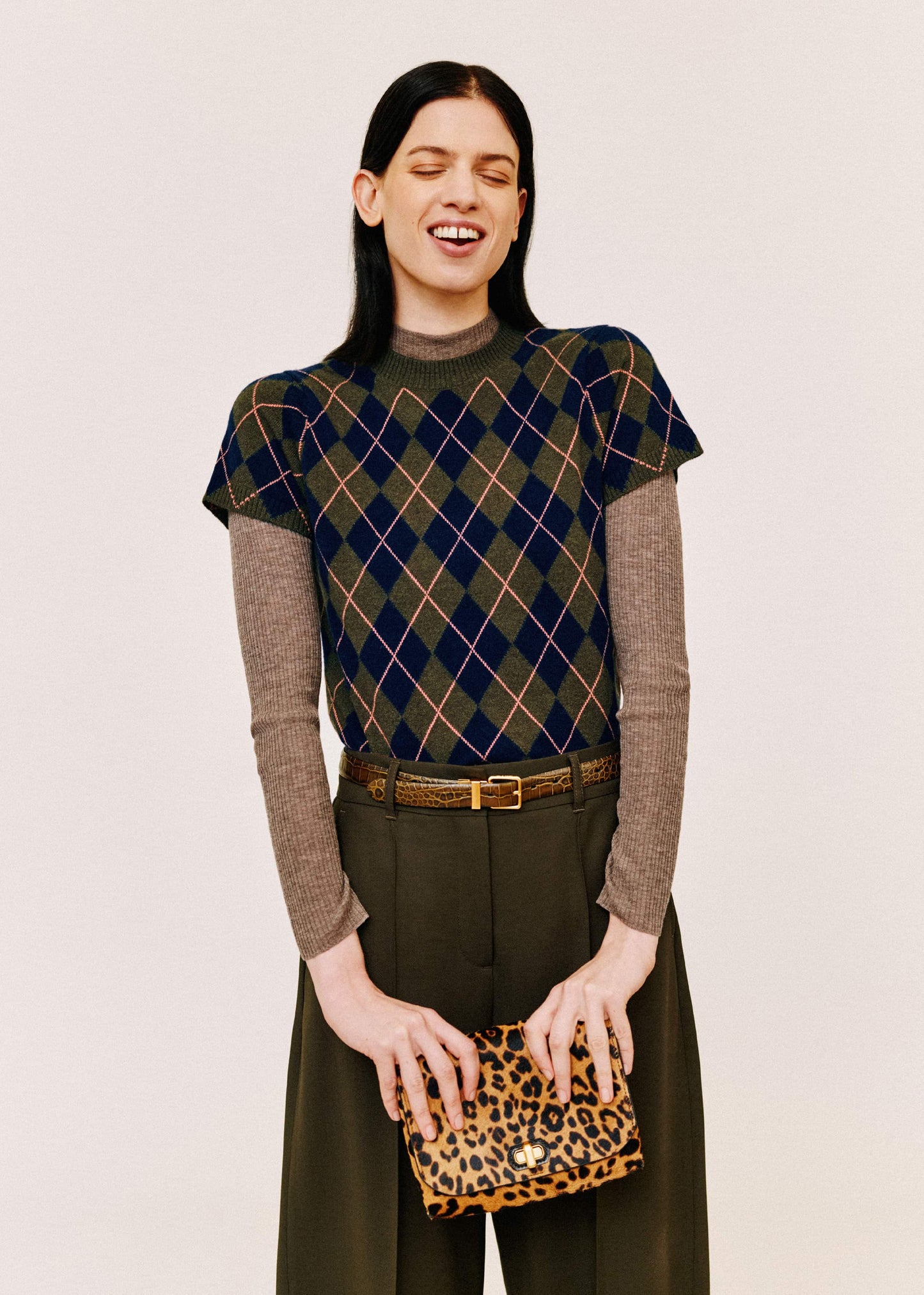 ME and EM Clothing Olive Green Cashmere Argyle Knit Baby Tee