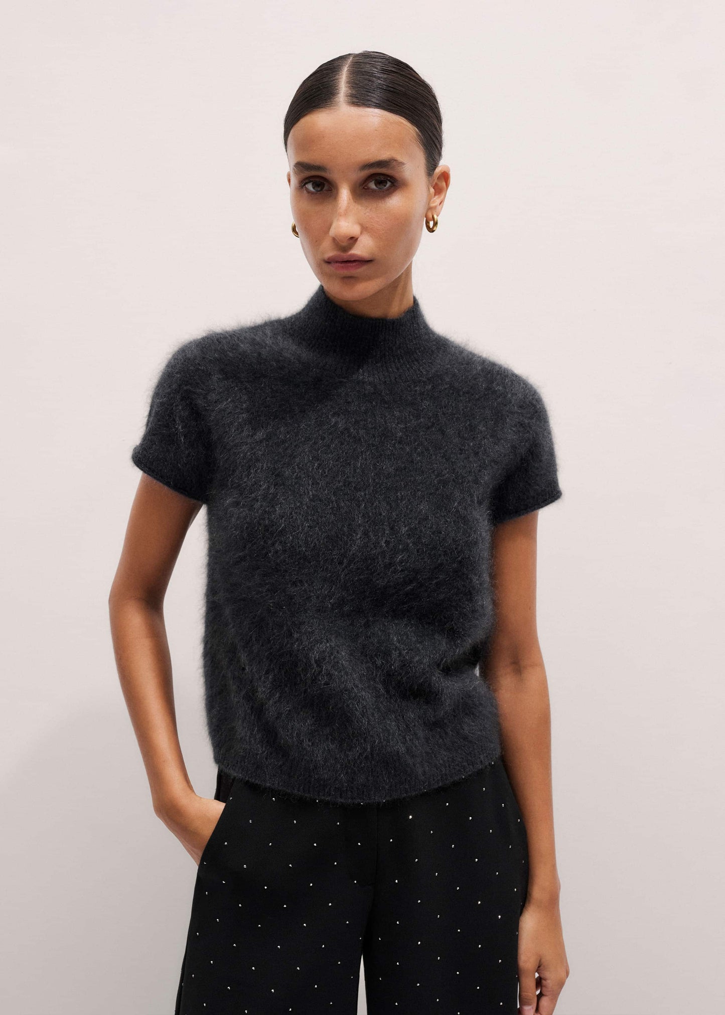 ME and EM Clothing Gray Brushed Cashmere High Neck Baby Tee