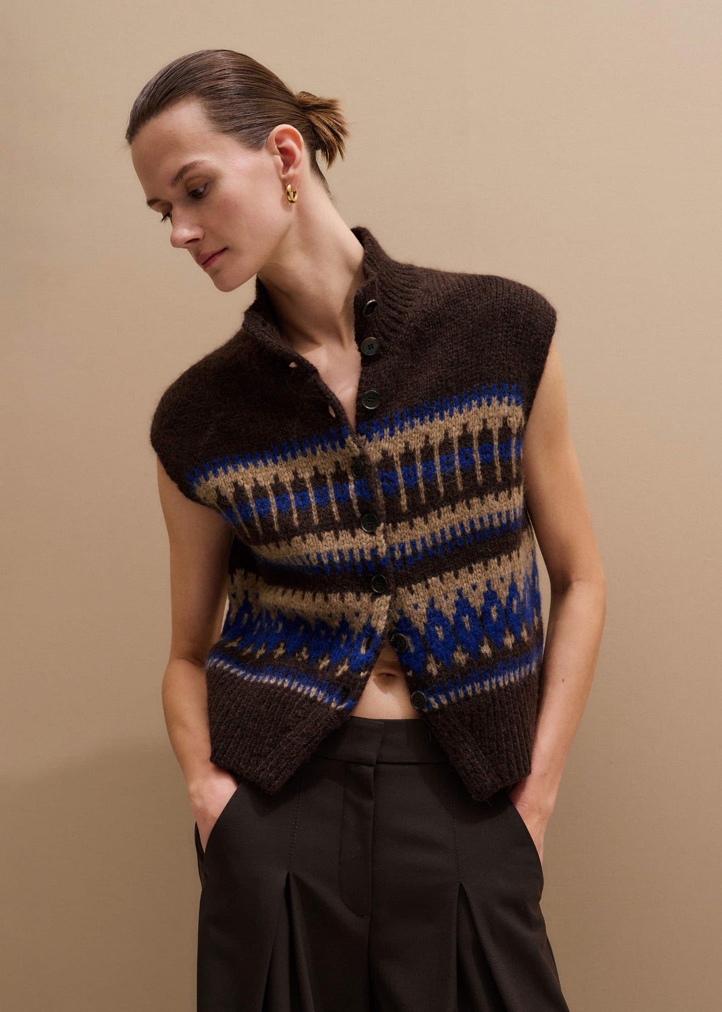 ME and EM Clothing Brown Button-Through Relaxed Jacquard Vest