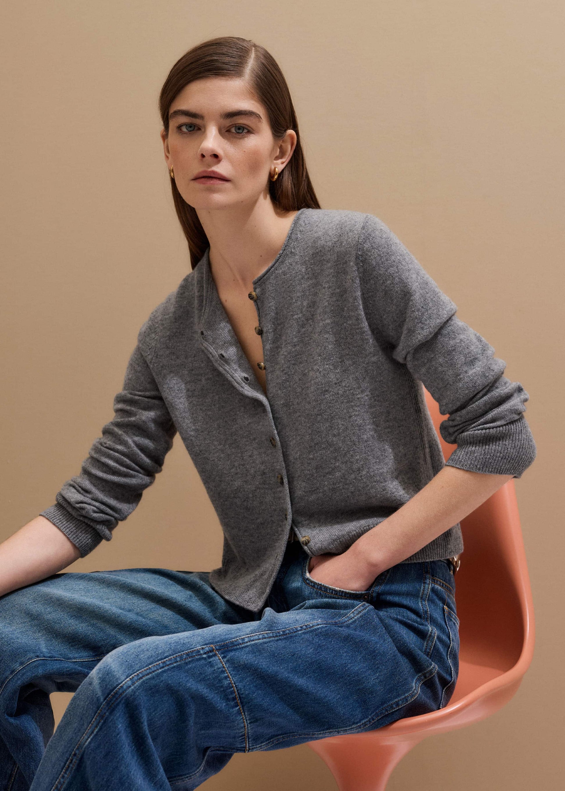 ME and EM Clothing Gray Cashmere Roll Trim Straight Cardigan
