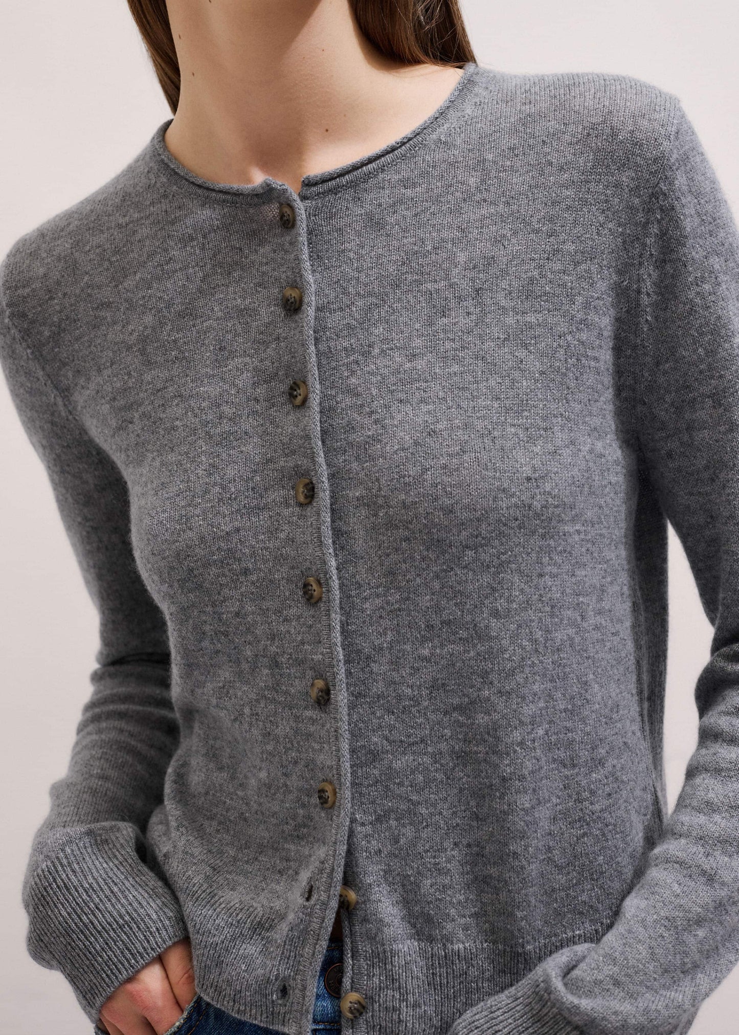 ME and EM Clothing Gray Cashmere Roll Trim Straight Cardigan
