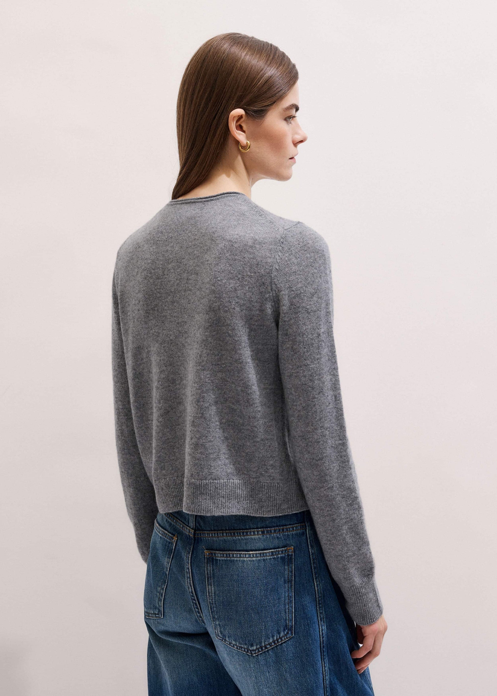 ME and EM Clothing Gray Cashmere Roll Trim Straight Cardigan