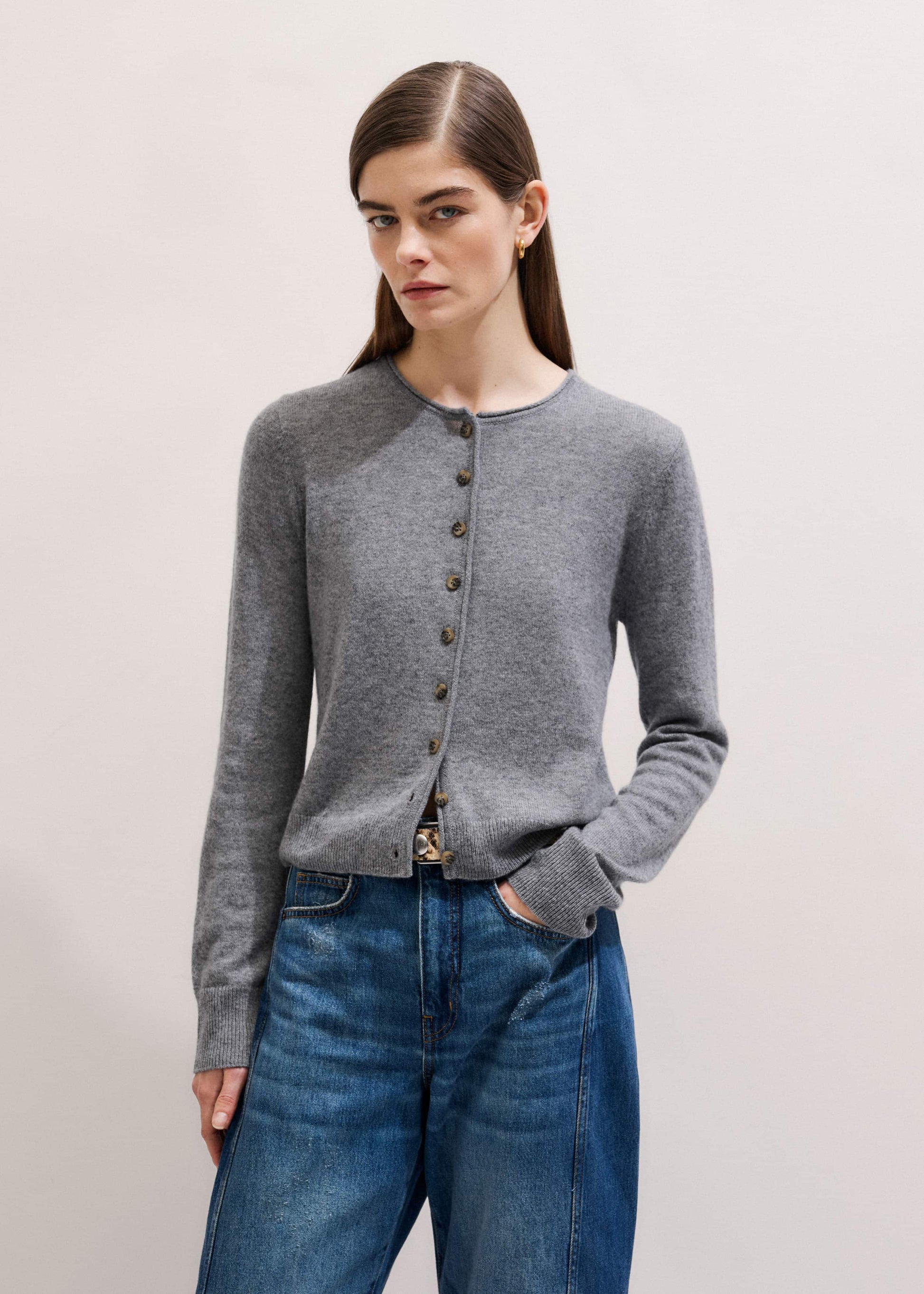 ME and EM Clothing Gray Cashmere Roll Trim Straight Cardigan