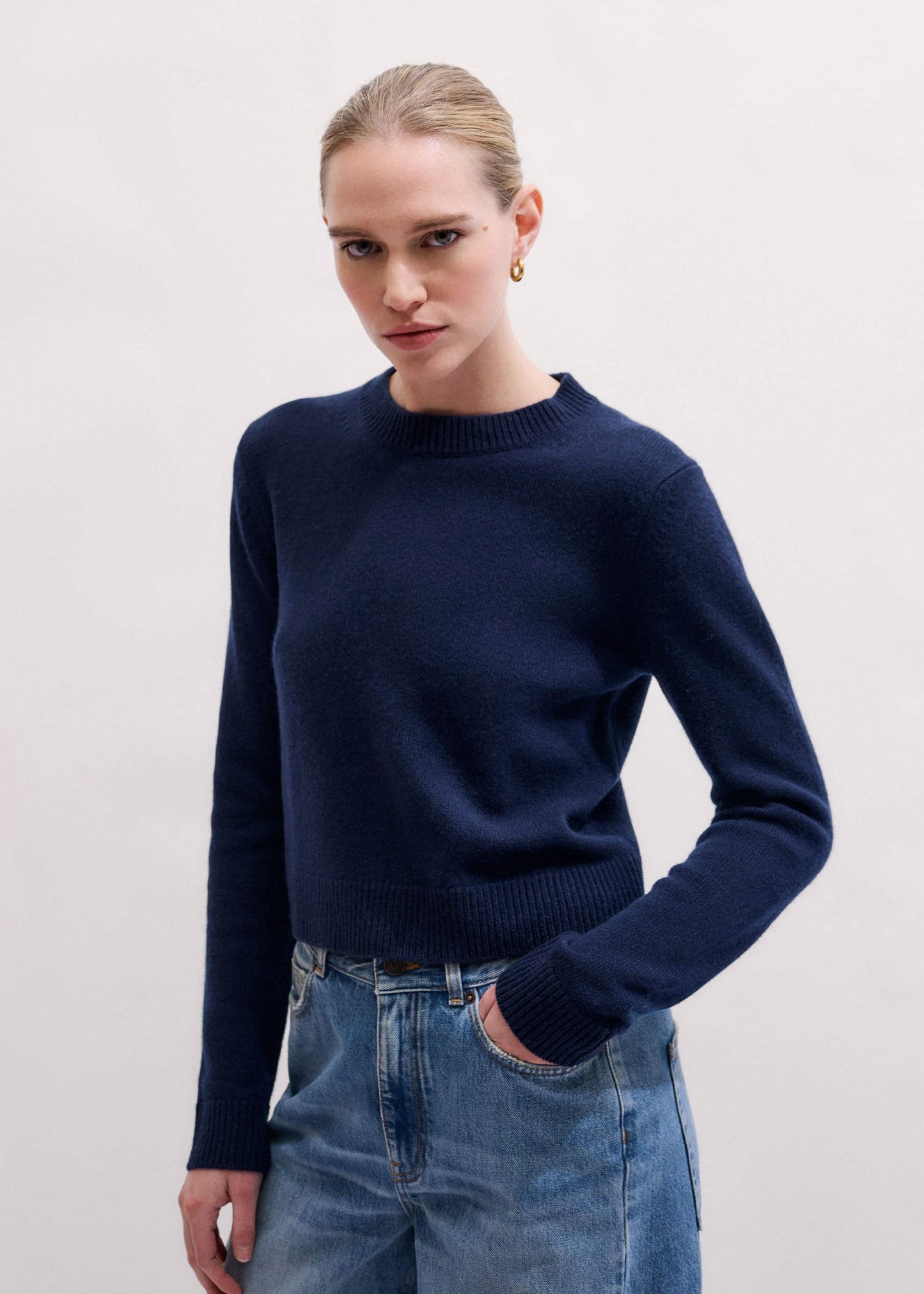 ME and EM Clothing Navy Cashmere Crew Neck Crop Sweater