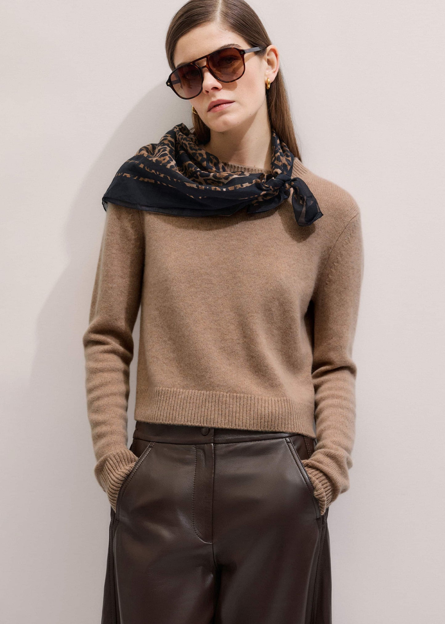 ME and EM Clothing Camel Brown Cashmere Relaxed Crop Sweater