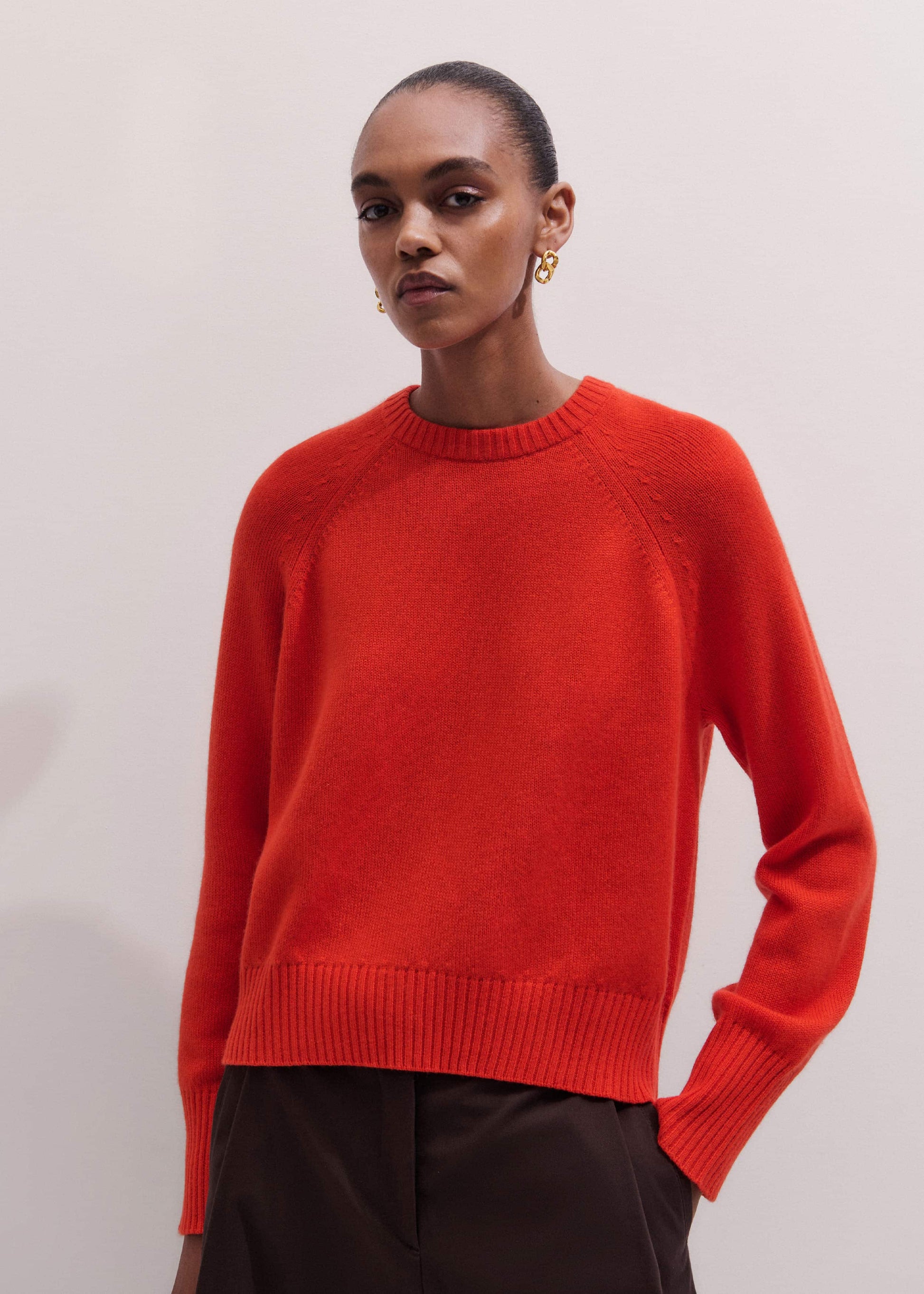ME and EM Clothing Red Cashmere Curved Hem Raglan Sweater + Snood