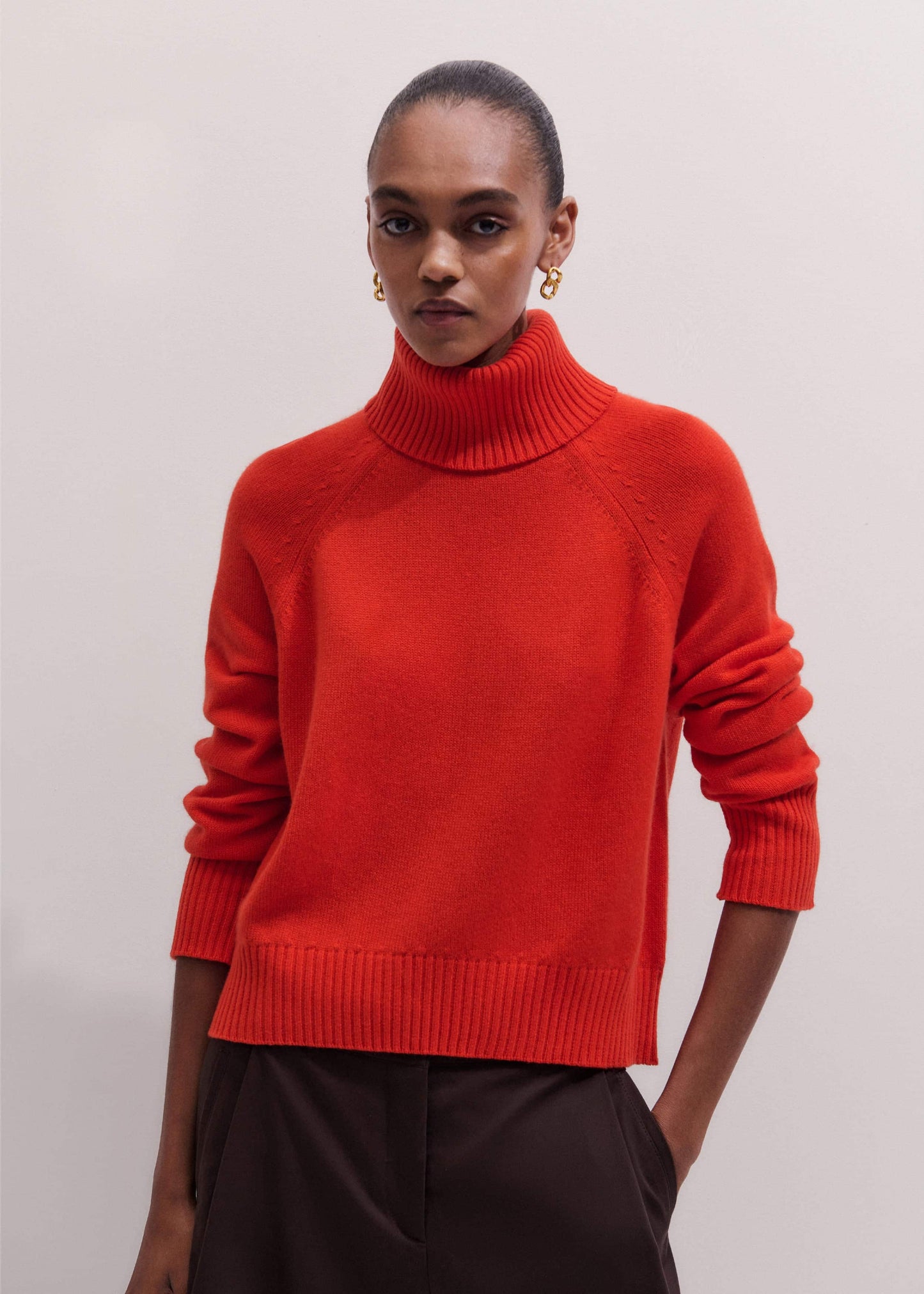 ME and EM Clothing Red Cashmere Curved Hem Raglan Sweater + Snood