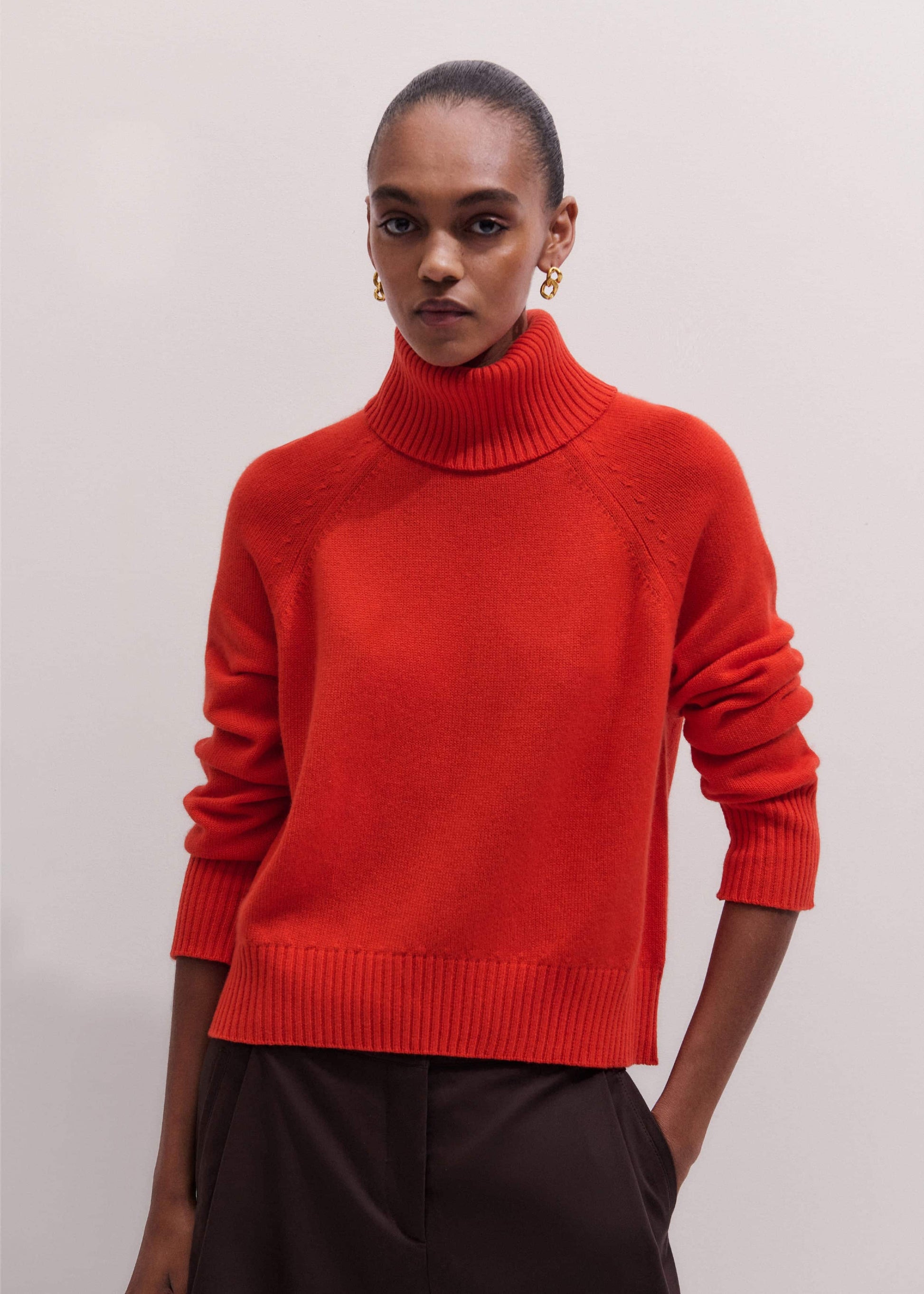 ME and EM Clothing Red Cashmere Curved Hem Raglan Sweater + Snood
