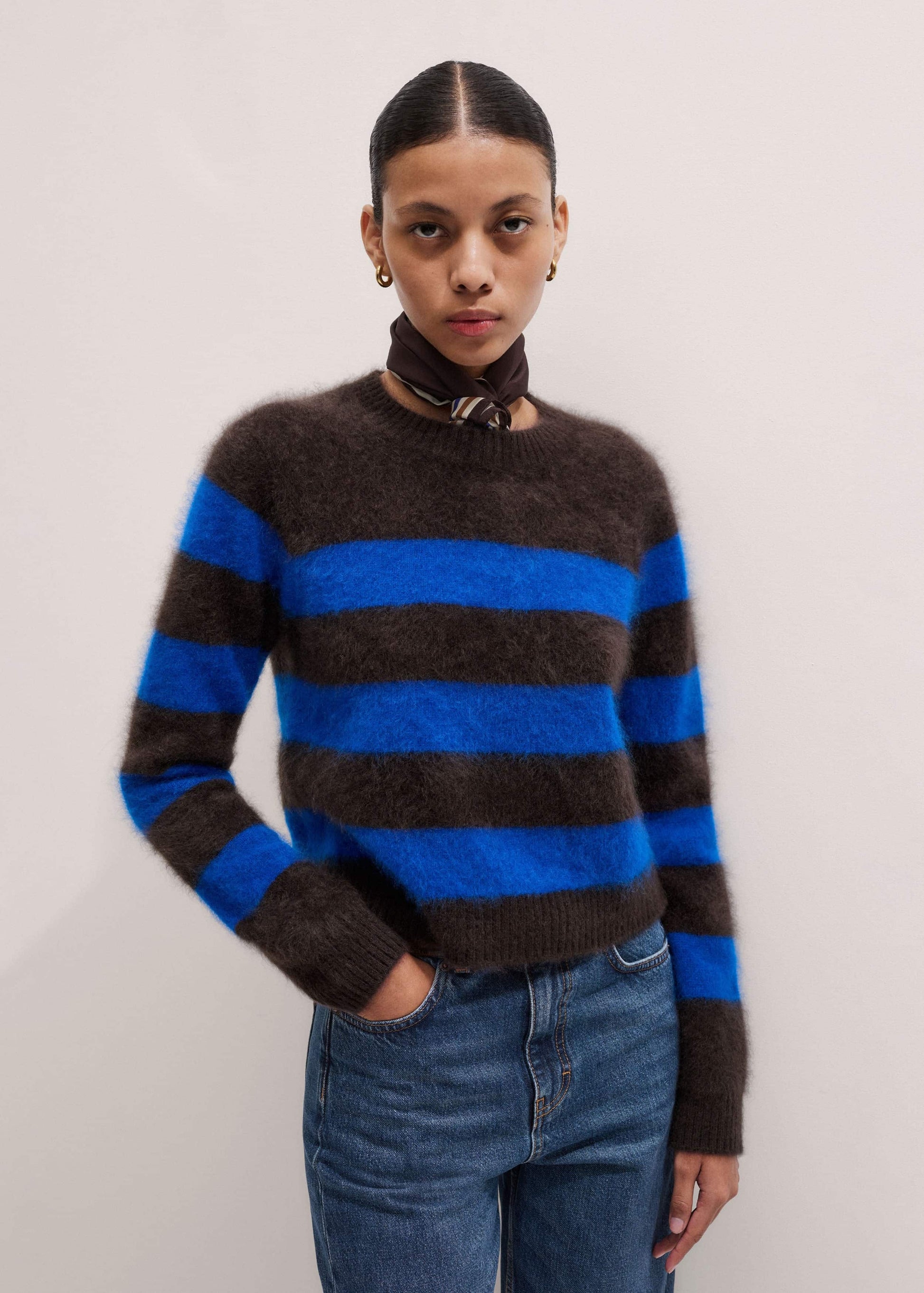ME and EM Clothing Brown Brushed Cashmere Stripe Crop Jumper