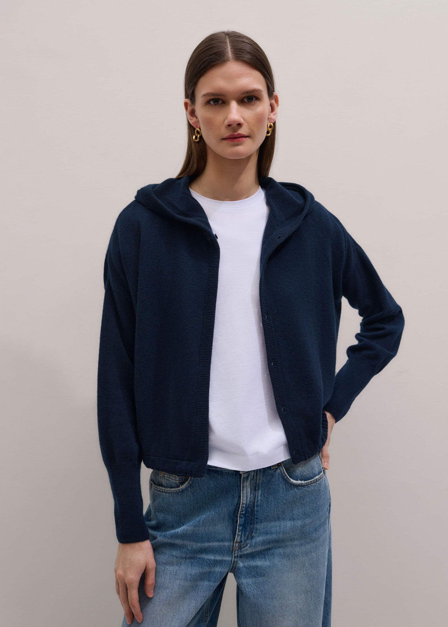 ME and EM Clothing Dark Navy Cashmere Drop Shoulder Box Crop Hoodie