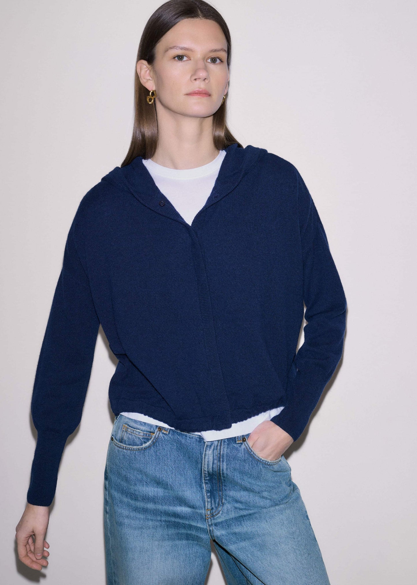 ME and EM Clothing Dark Navy Cashmere Drop Shoulder Box Crop Hoodie