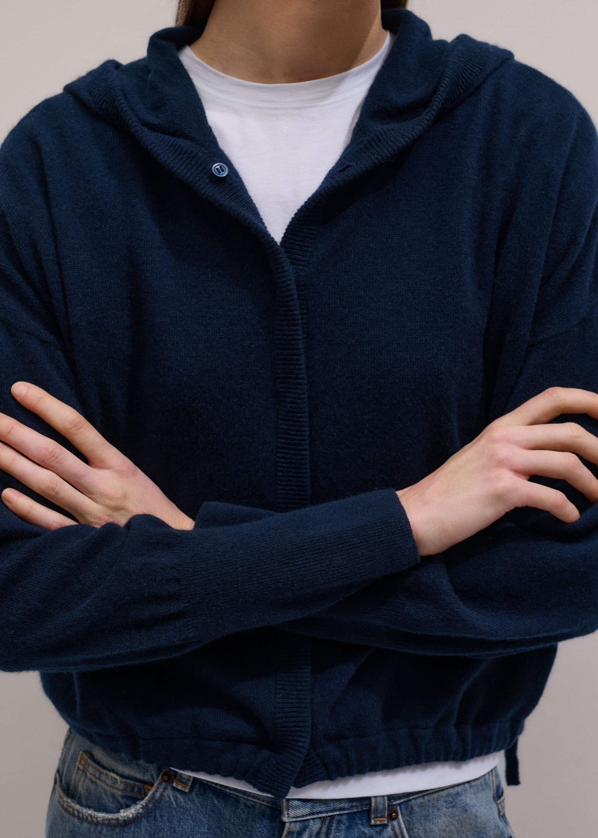 ME and EM Clothing Dark Navy Cashmere Drop Shoulder Box Crop Hoodie