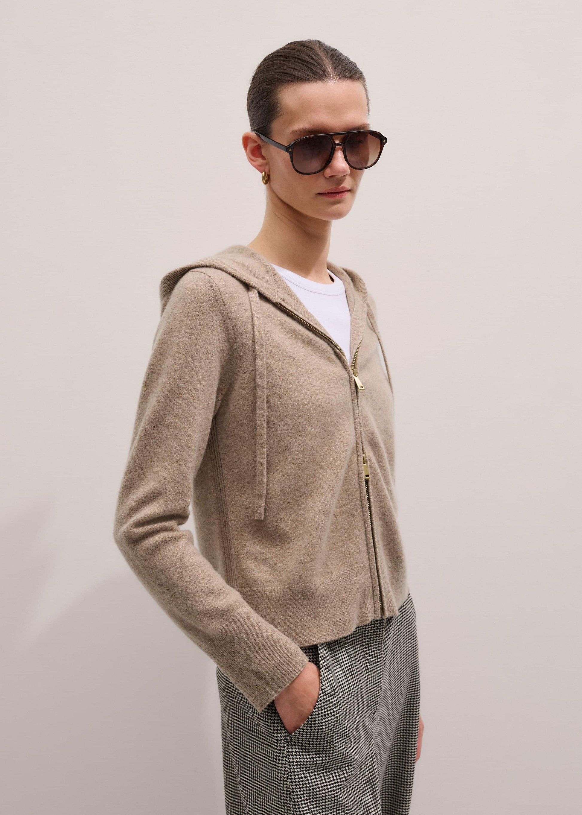 ME and EM Clothing Light Brown Cashmere Two-Way Zip Straight Hoodie
