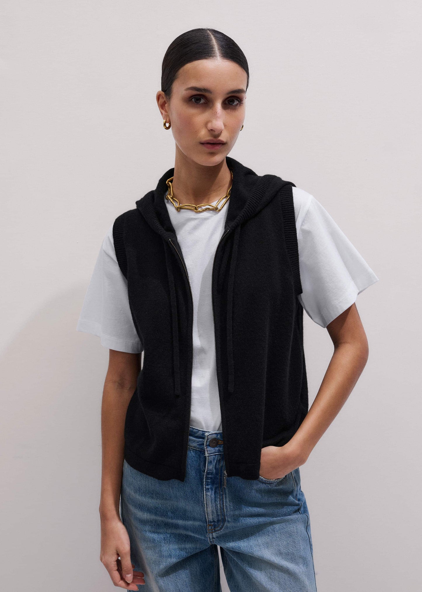 ME and EM Clothing Black Cashmere Sleeveless Relaxed Zip Hoodie