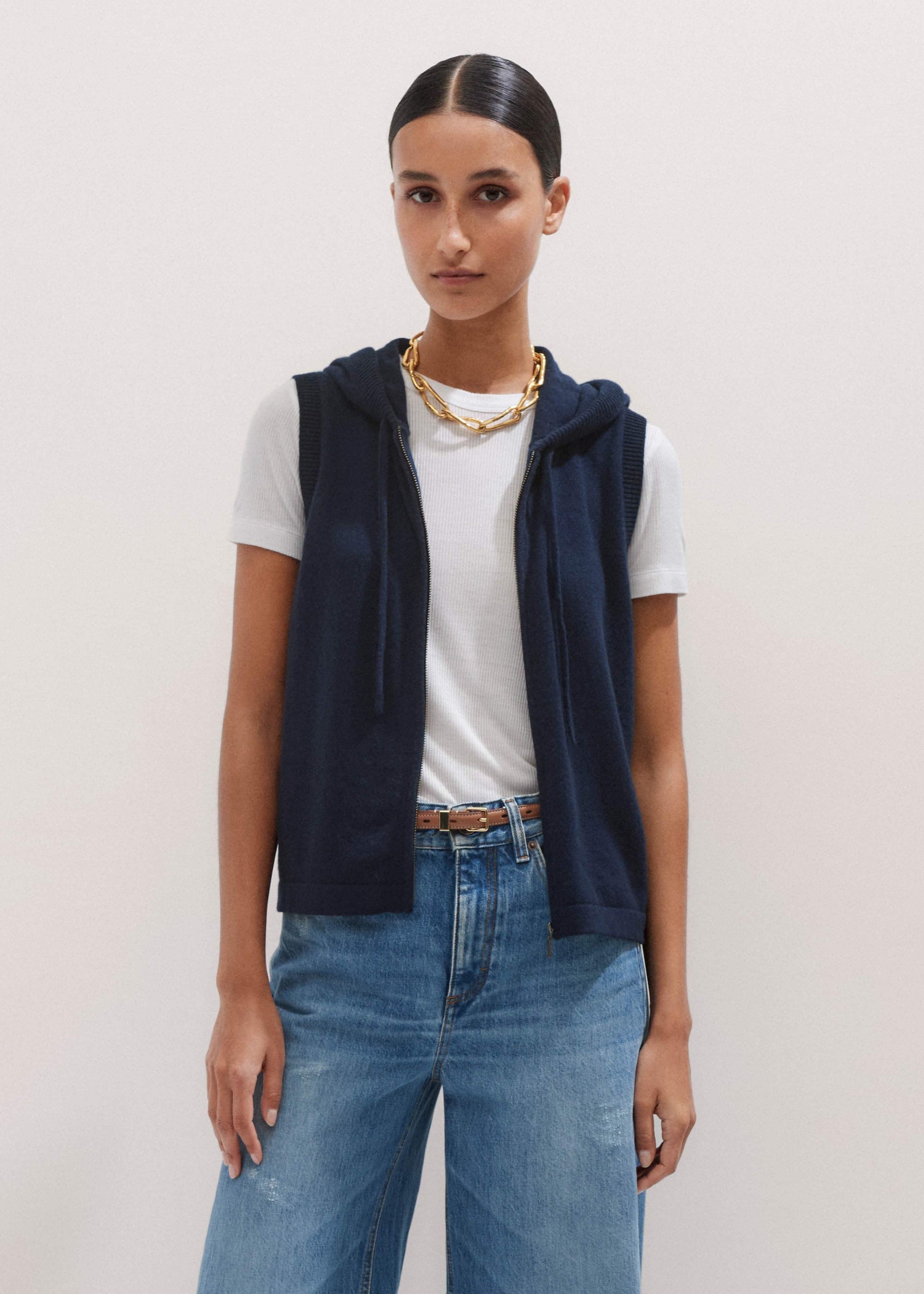 ME and EM Clothing Navy Icon Cashmere Sleeveless Blazer Hoodie | Knitwear