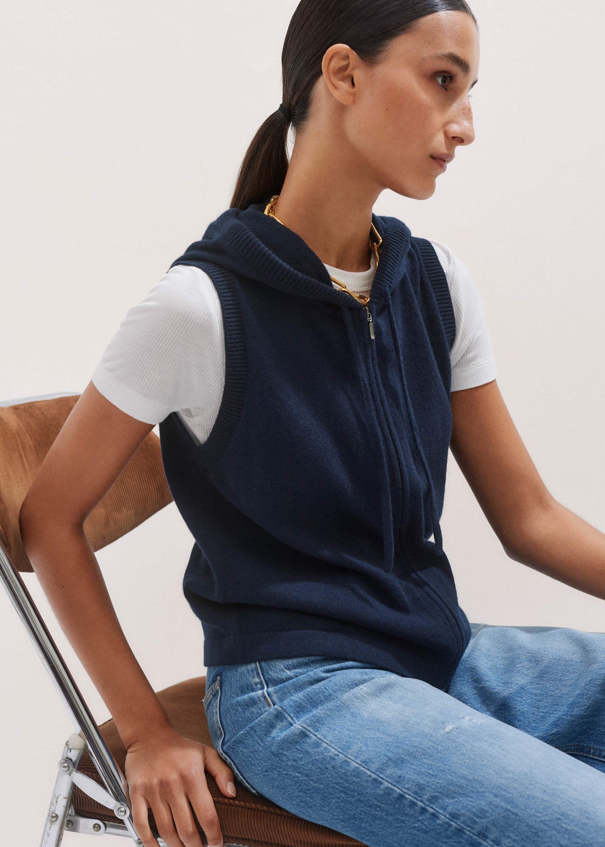ME and EM Clothing Navy Icon Cashmere Sleeveless Blazer Hoodie | Knitwear