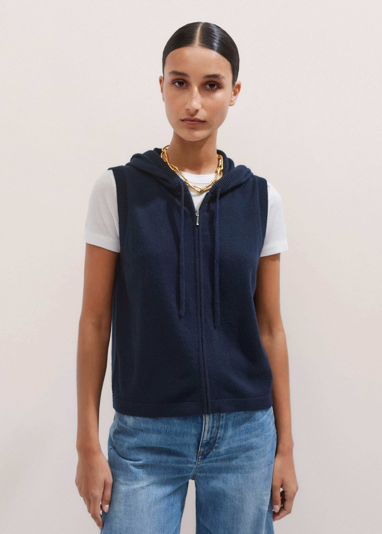 ME and EM Clothing Navy Icon Cashmere Sleeveless Blazer Hoodie | Knitwear