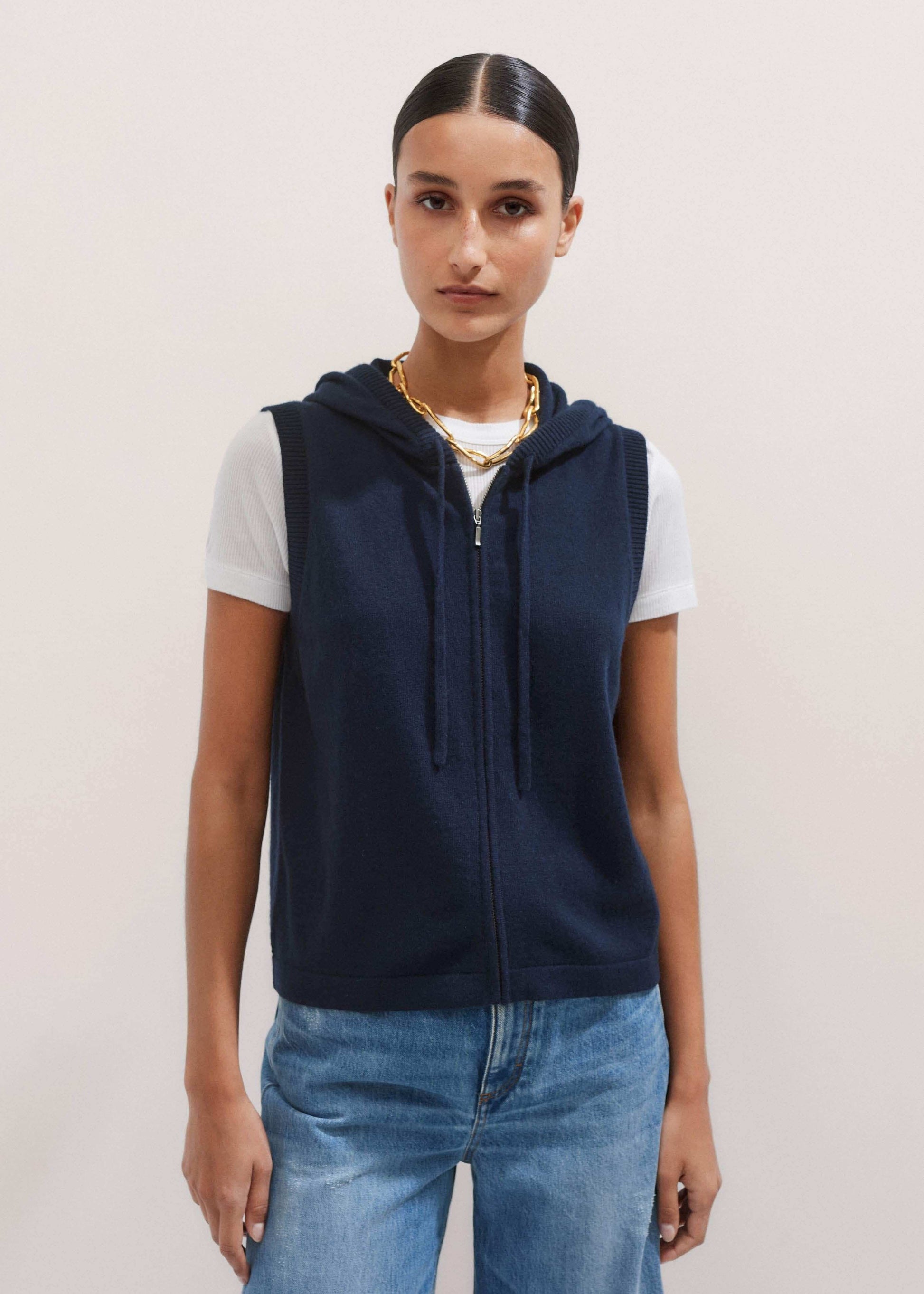 ME and EM Clothing Navy Icon Cashmere Sleeveless Blazer Hoodie | Knitwear