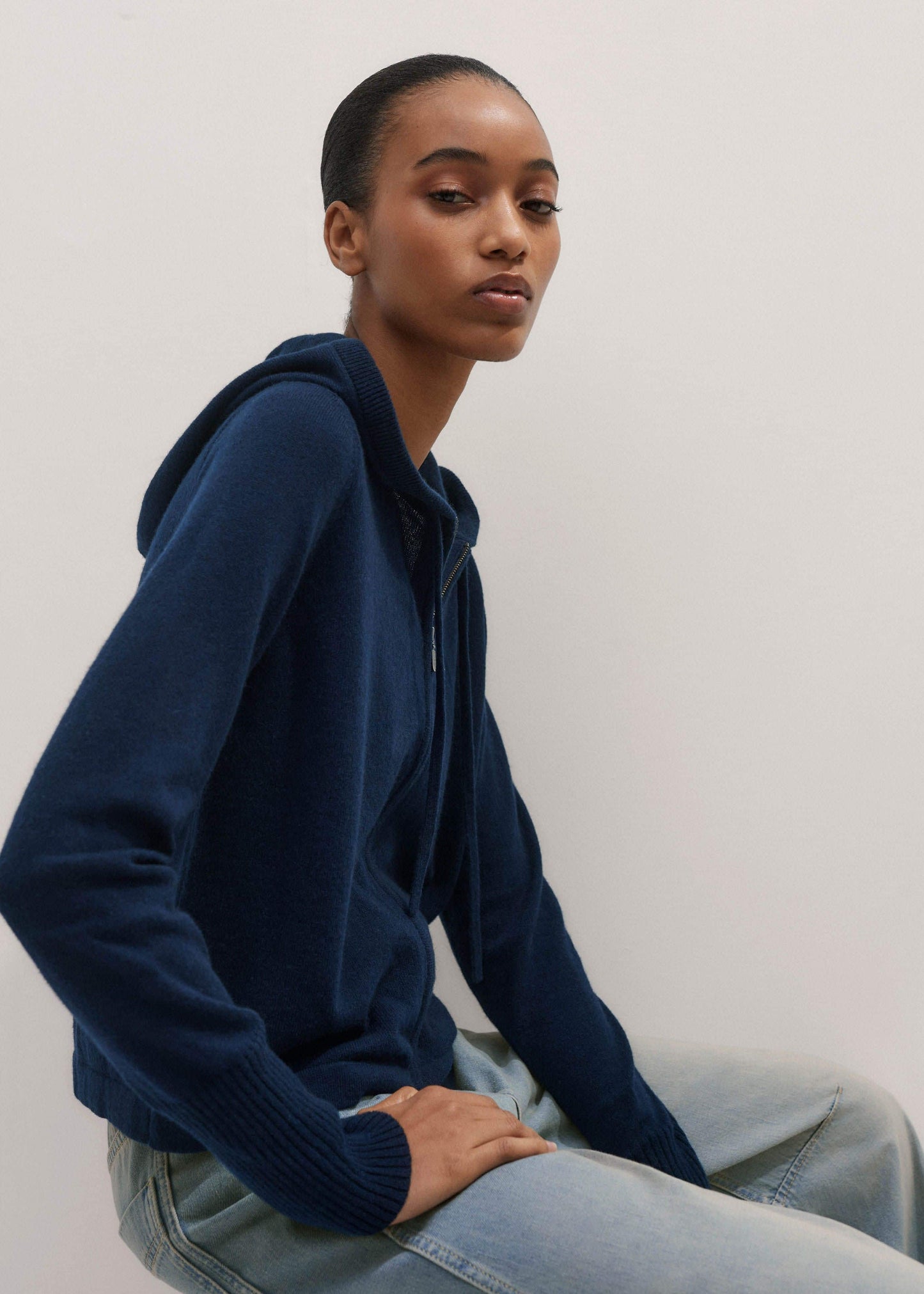ME and EM Clothing Navy Cashmere Relaxed Fit Box Zip Hoodie
