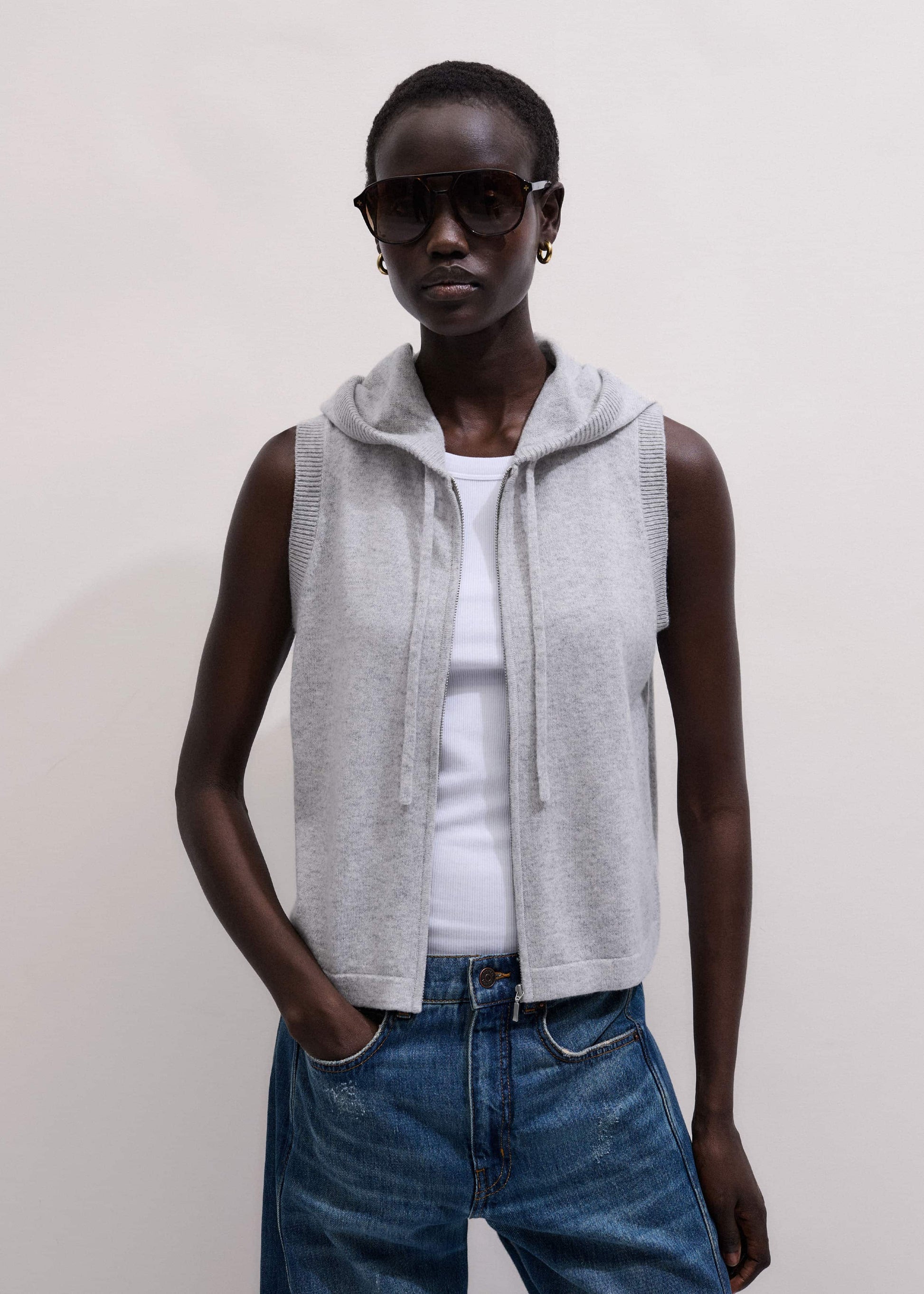ME and EM Clothing Gray Cashmere Sleeveless Relaxed Zip Hoodie